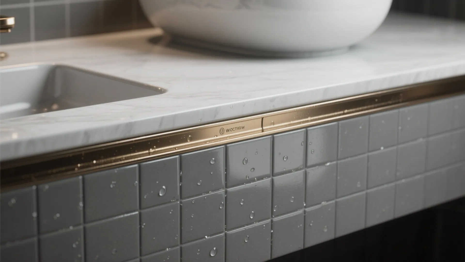 Close up of marble bathroom counter with gold metal trim and grey square wall tiles
