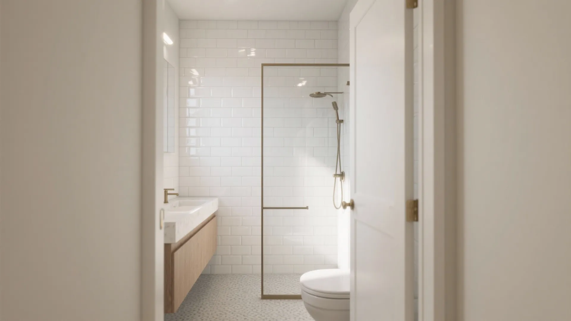 Modern white bathroom featuring subway wall tiles wooden cabinet glass shower door and white round toilet