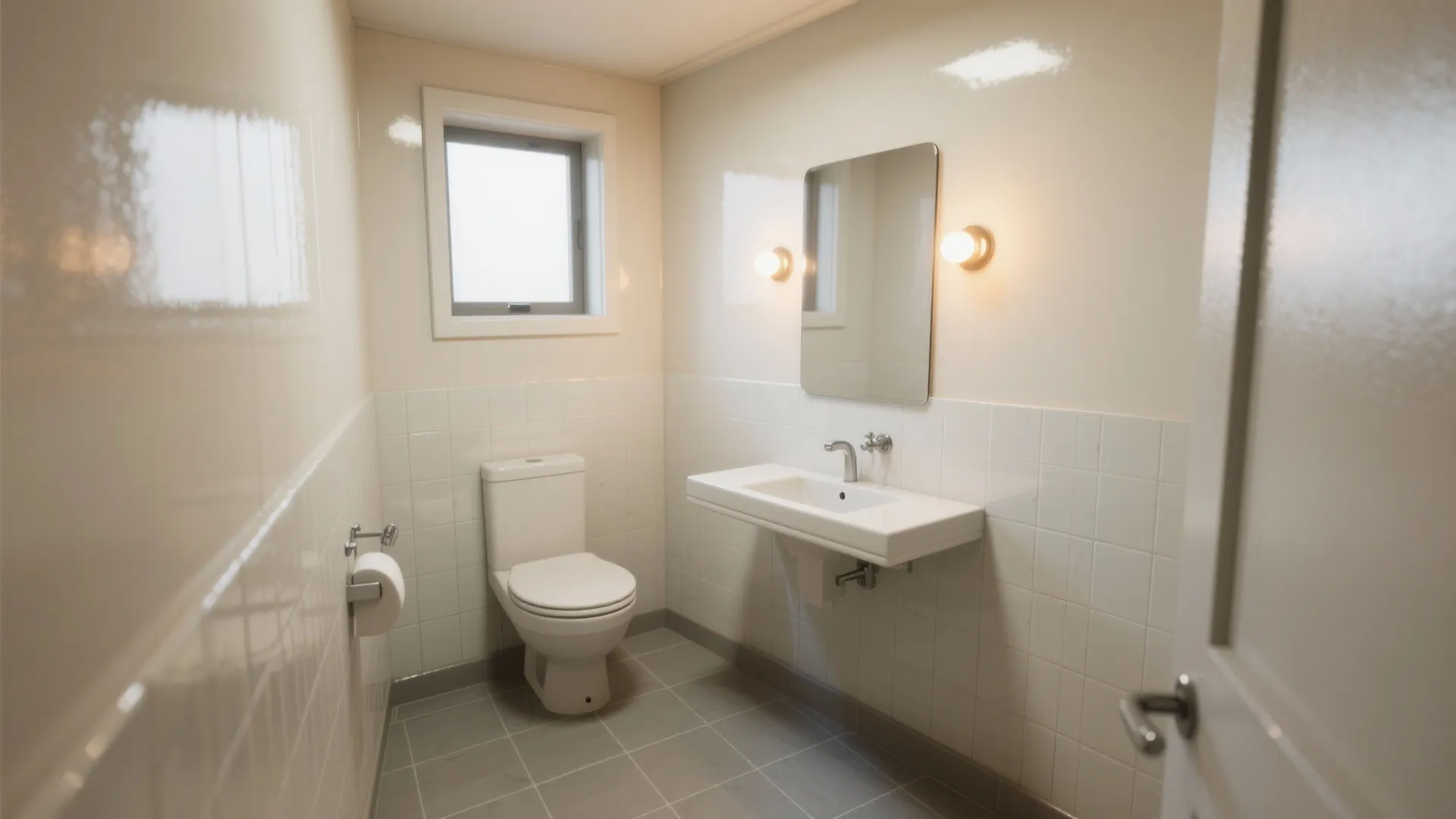 Windowless powder room with glossy upper wall tiles and matte slip-resistant floor in pale tones under warm lighting.