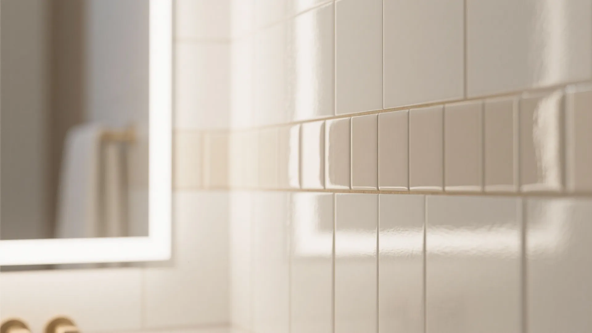 Macro of a glossy tile stripe contrasted against matte white tiles under soft daylight.