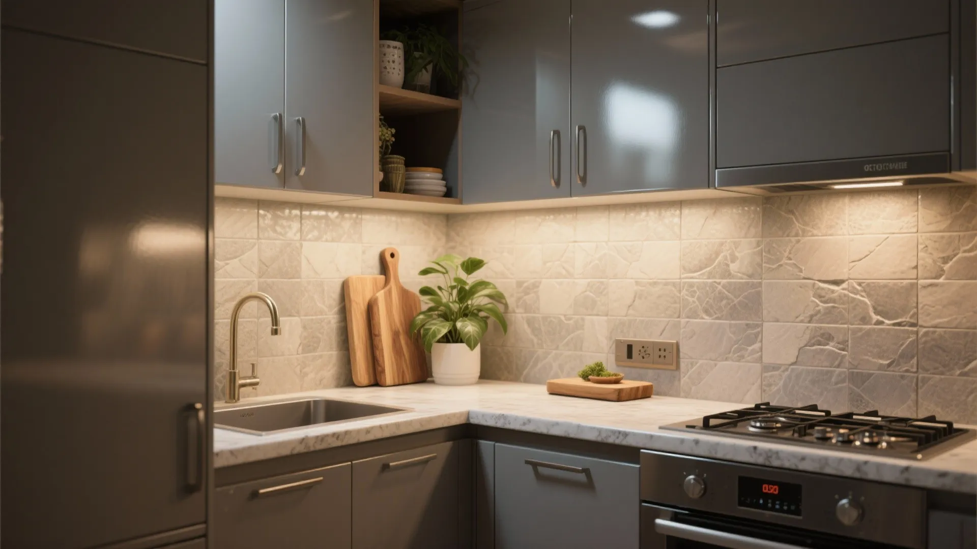 Modern kitchen with grey cabinets marble countertop sink gas stove and warm under cabinet light