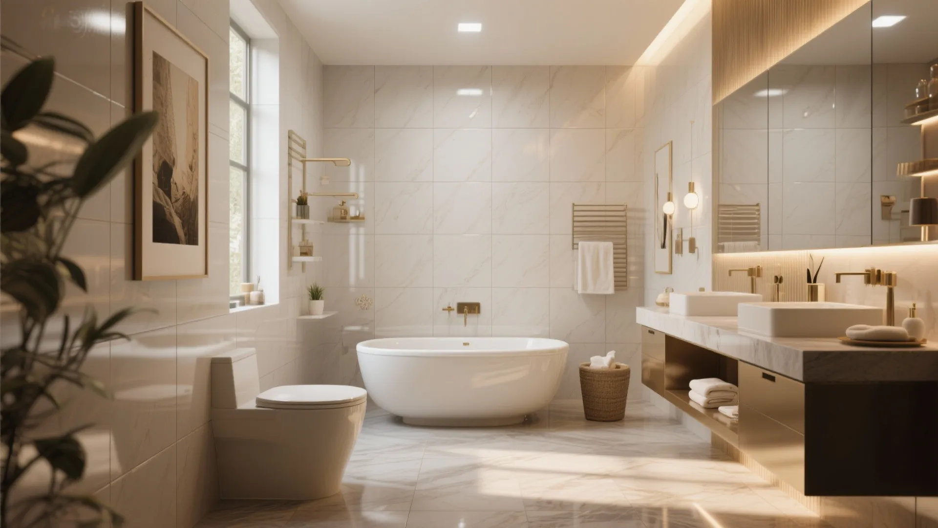 Modern bathroom with white marble tiles oval bathtub gold fixtures large mirror and warm lighting