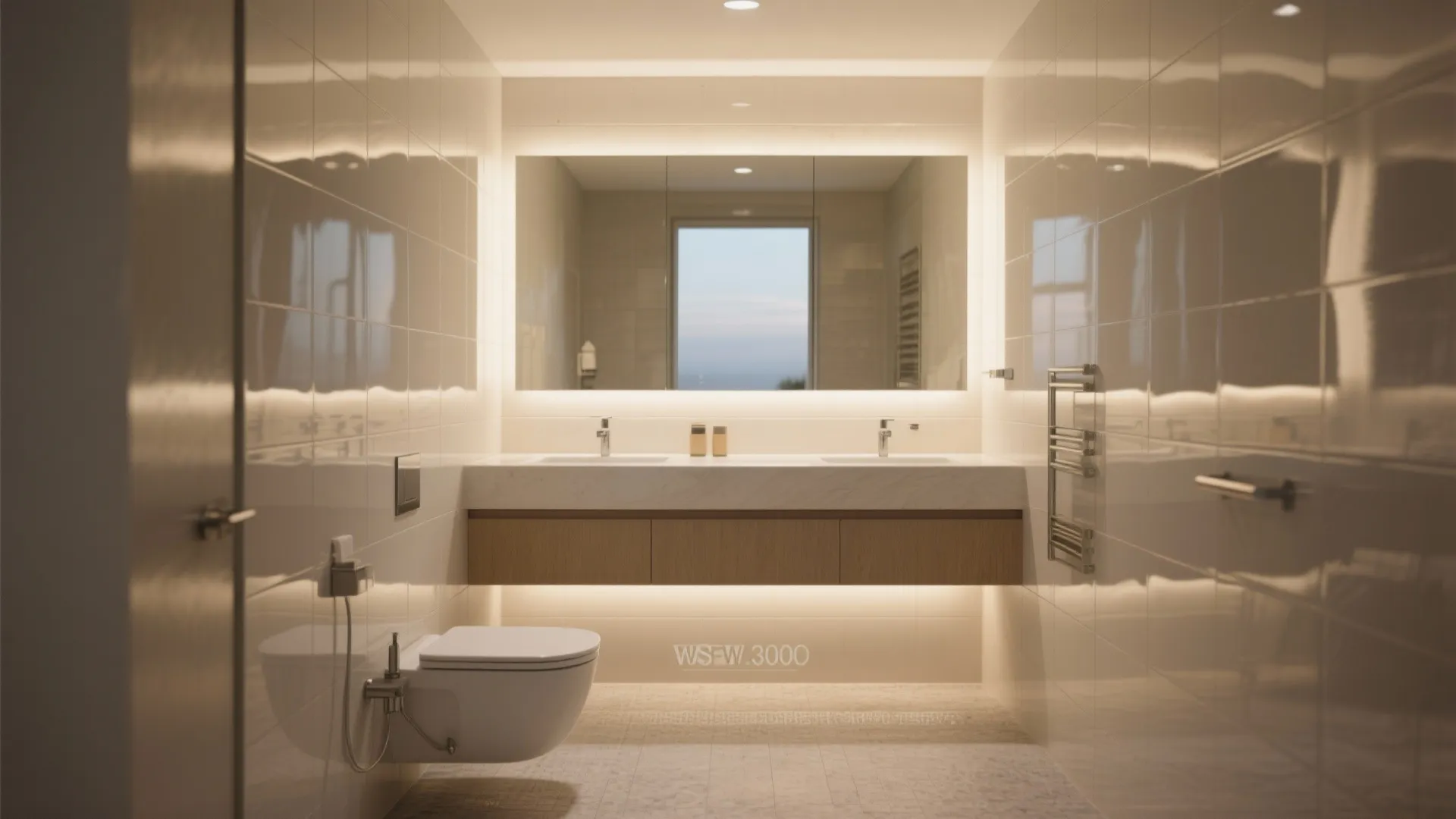 Matte textured floor paired with glossy wall tiles at the vanity; warm 3000K lighting brightens a compact bathroom.