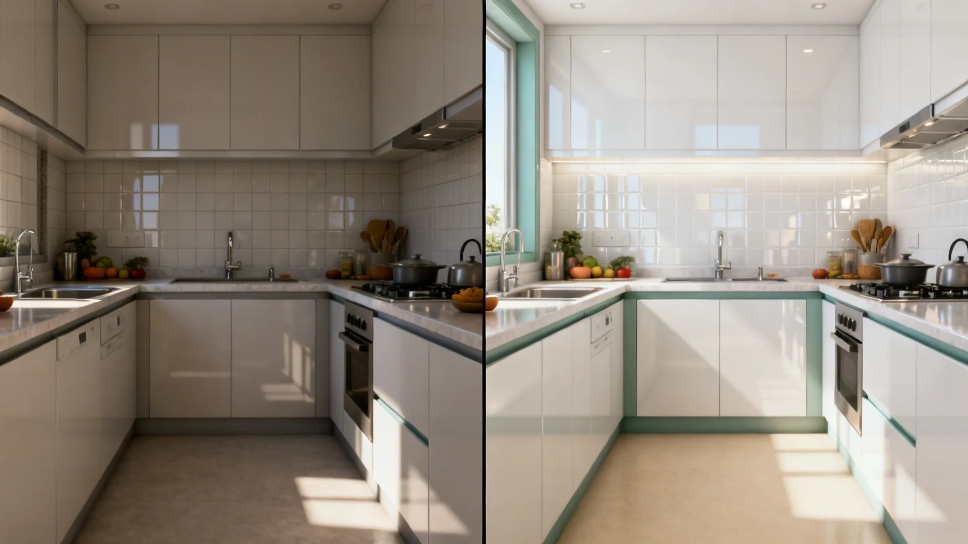 Split view showing a micro-kitchen before and after with gloss backsplash and matte beige floors.