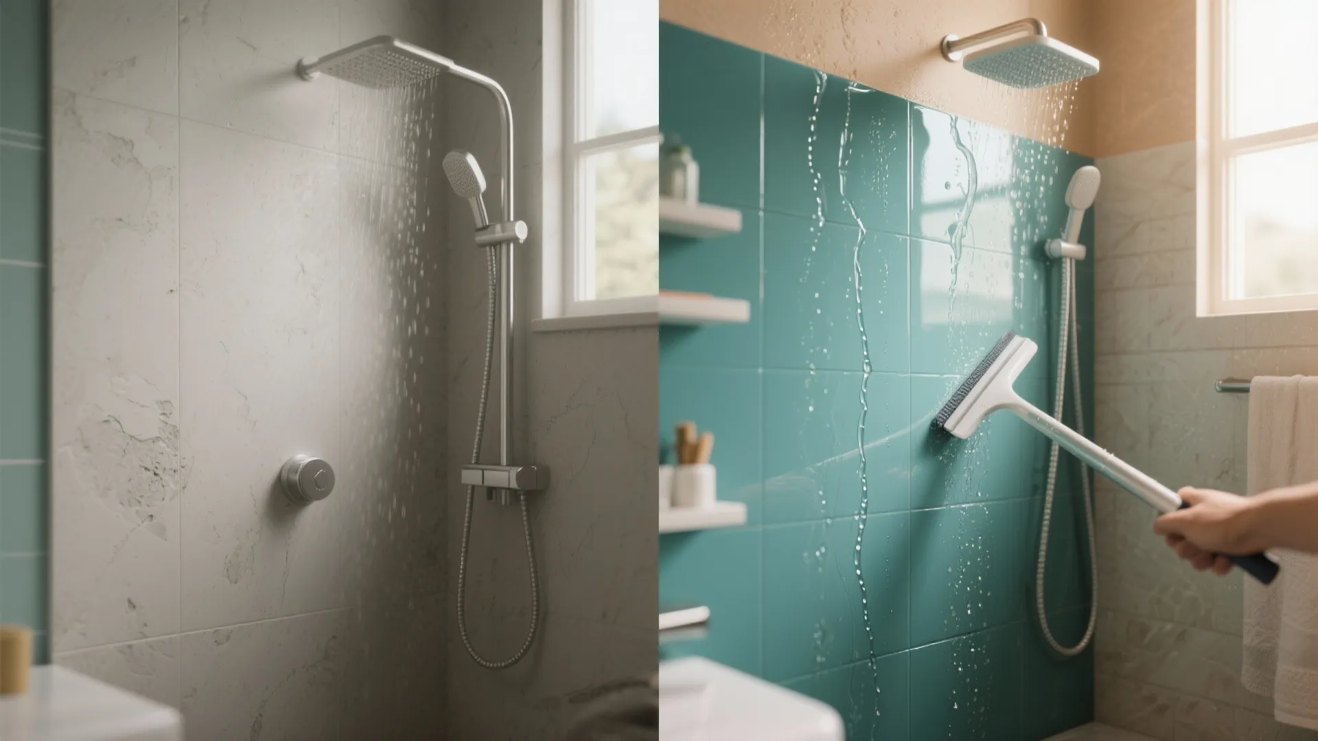 Side by side comparison of matte and glossy bathroom wall tiles under running shower water
