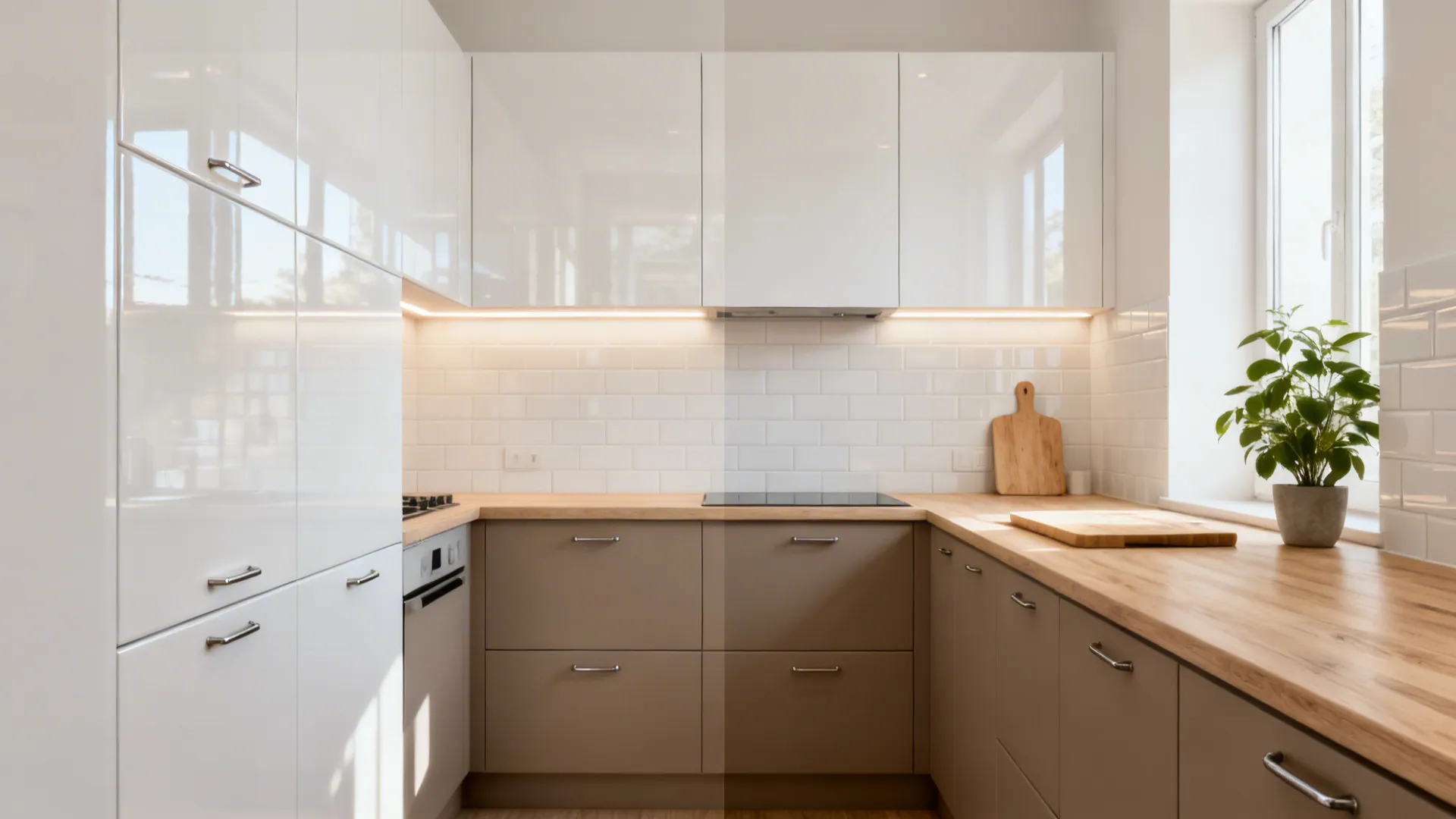 High-gloss white upper cabinets reflect light while matte taupe base drawers ground a compact kitchen.