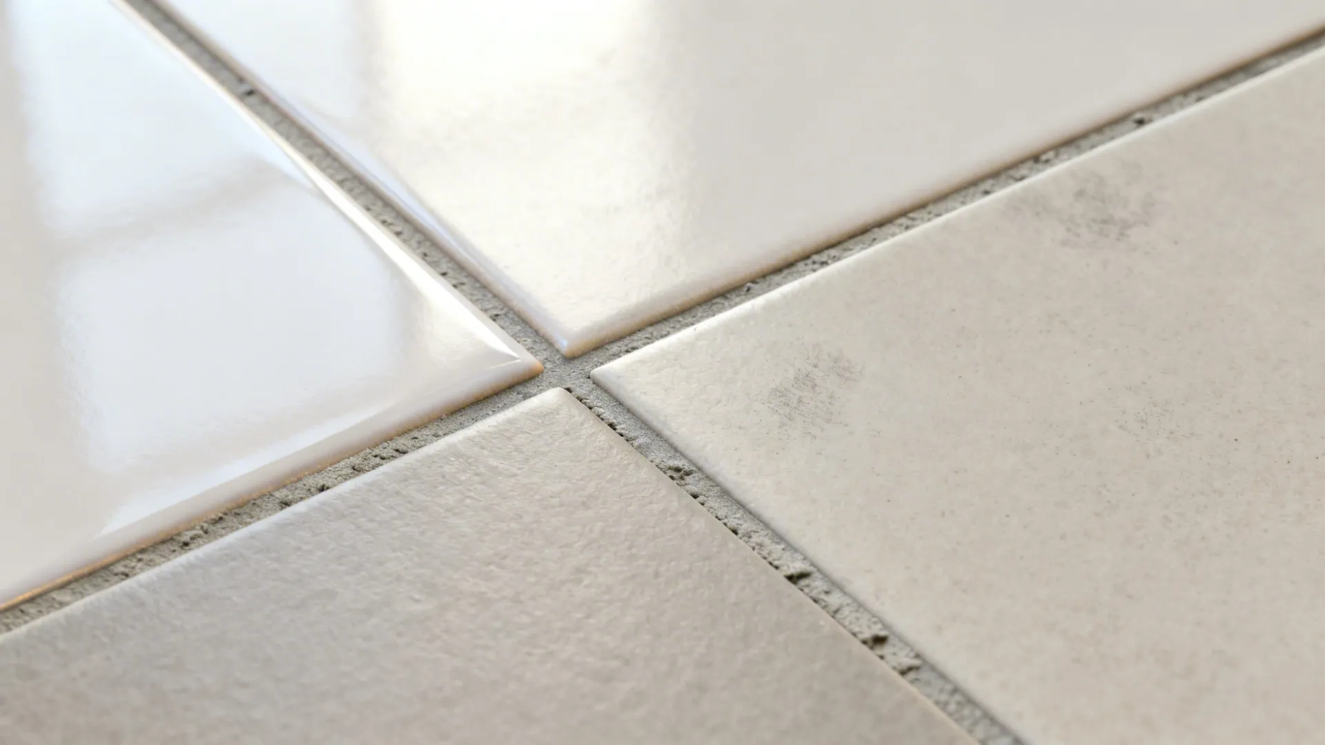 Macro comparison of glossy versus matte ceramic tiles and epoxy versus cement grout lines.