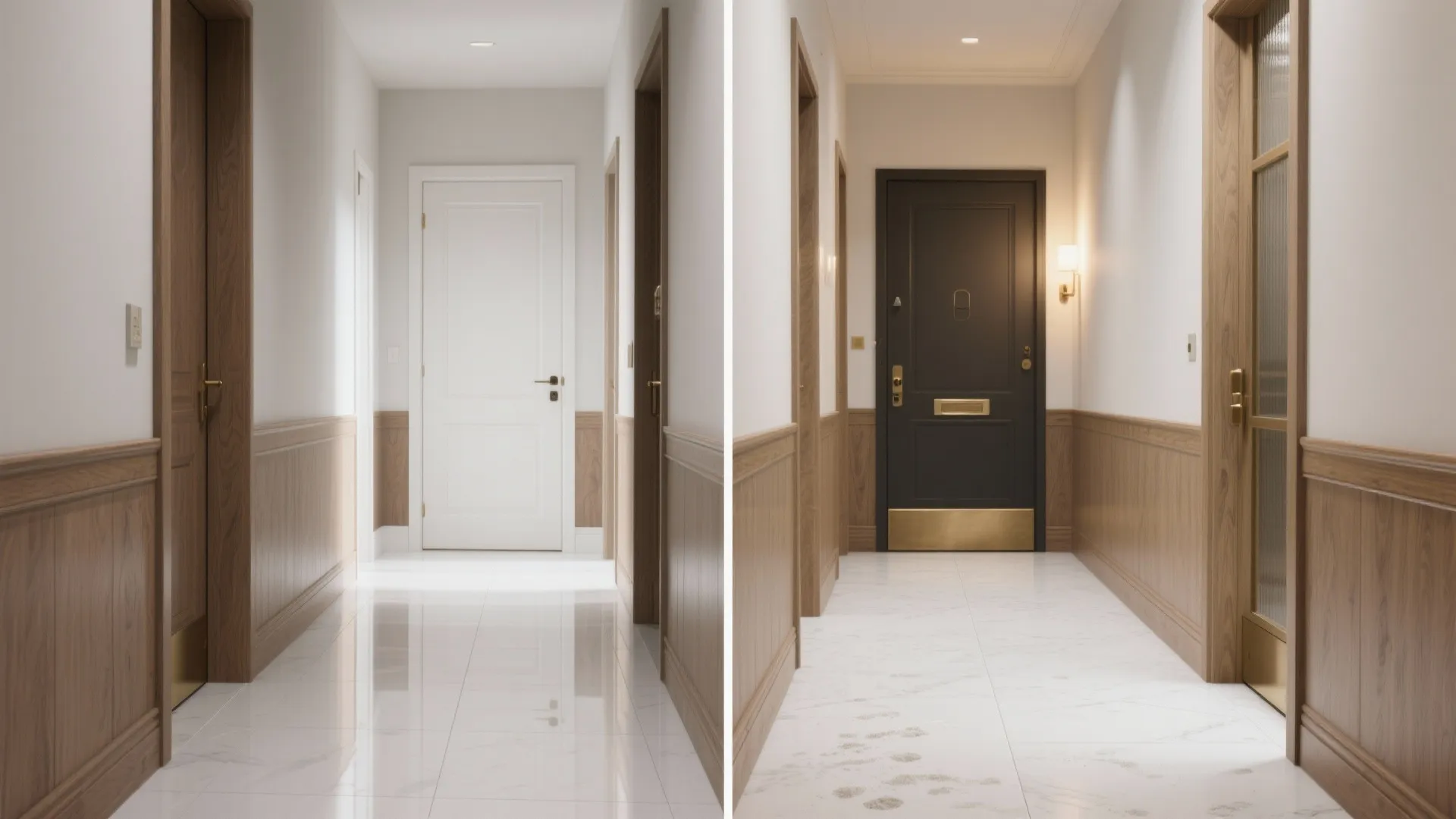 Comparison of a hallway with white glossy floor versus a matte finish marble tile floor