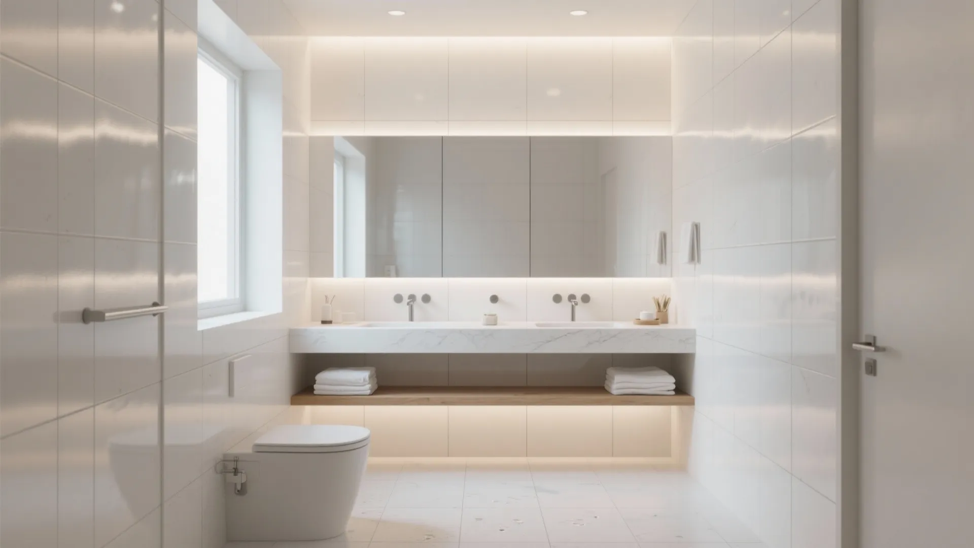 Minimalist white bathroom with marble double sink vanity large mirror wooden shelf and white towels