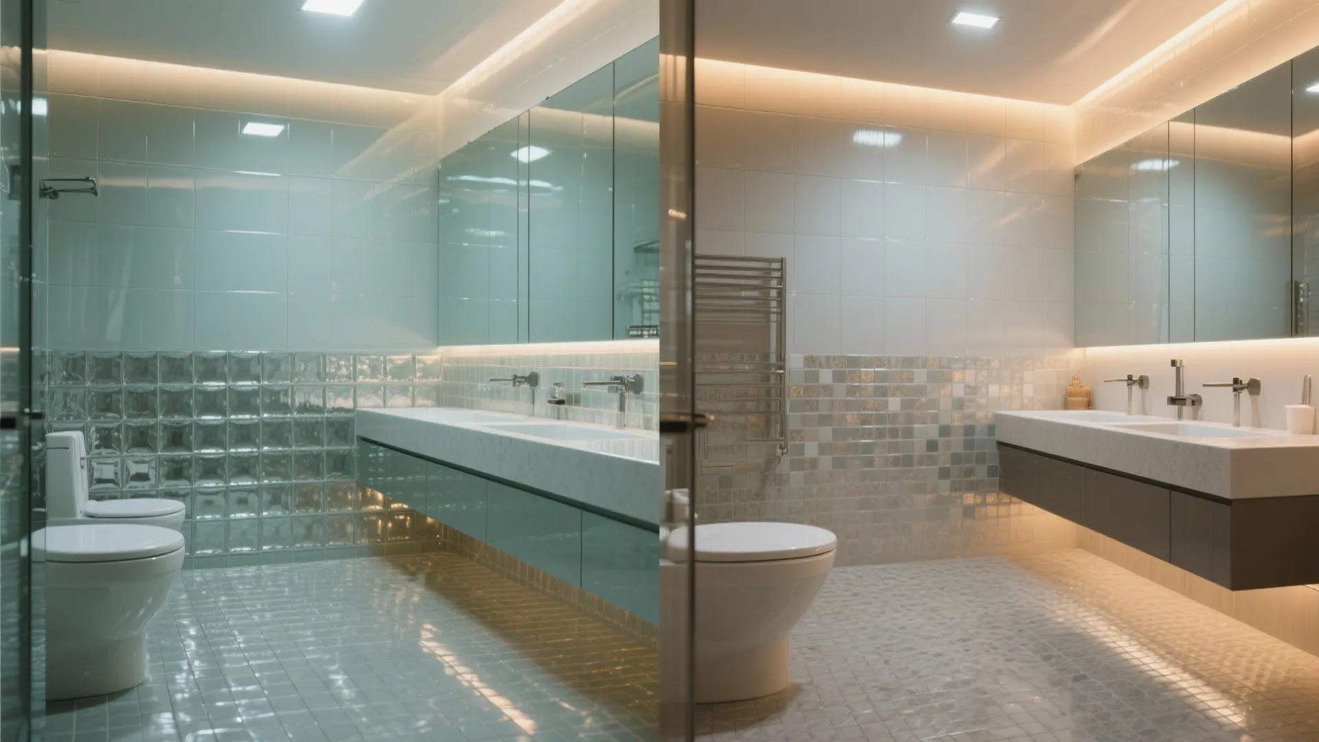 Before-and-after view showing glossy glass wall tiles with a matte slip-resistant mosaic floor.