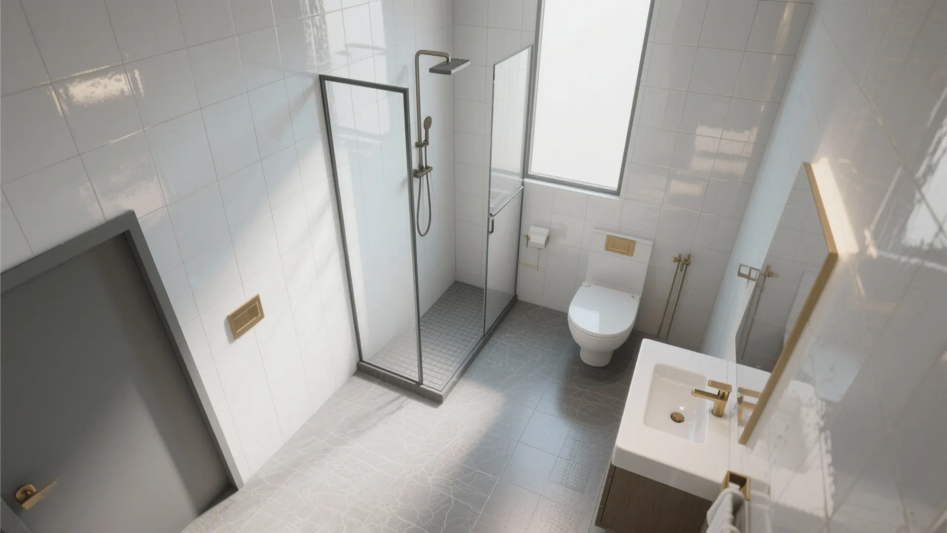 Small bathroom layout with white tiles grey floor shower area toilet sink and a wall mirror