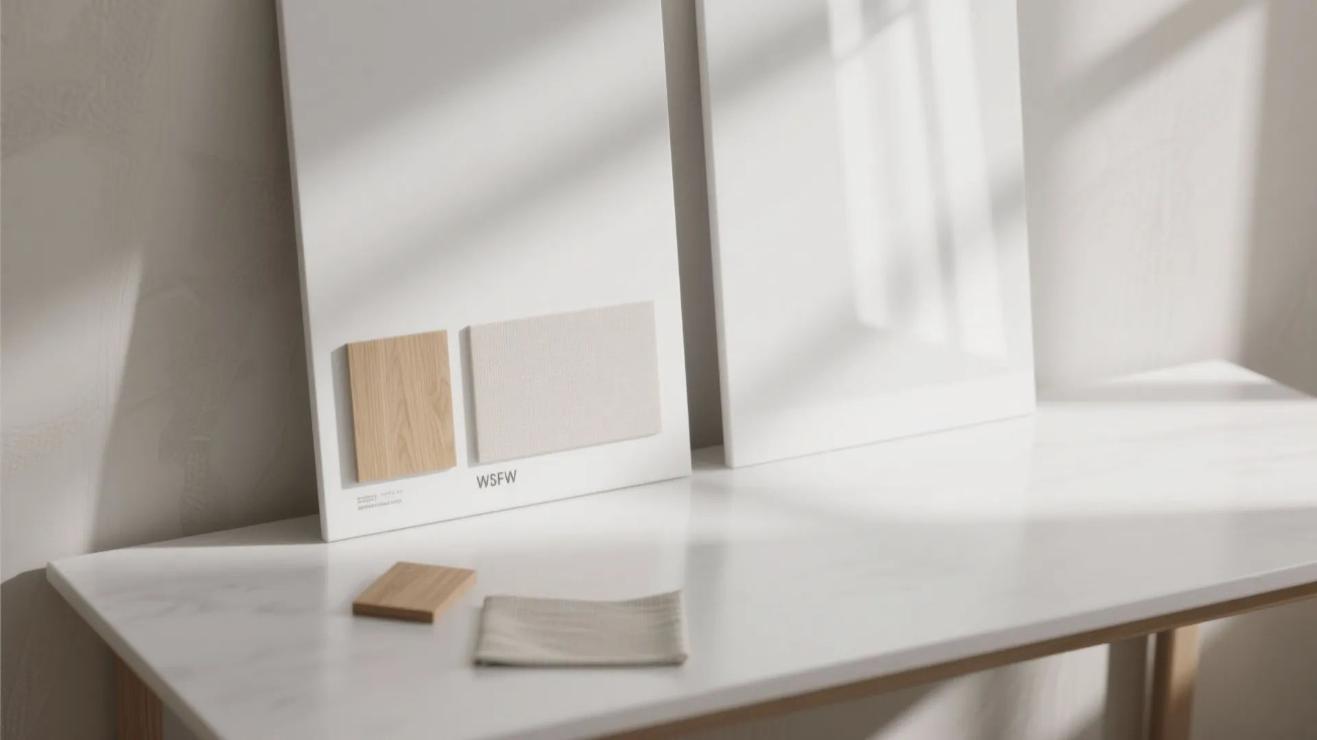 Top-down comparison of glossy and matte white finishes under soft daylight with oak and linen samples.