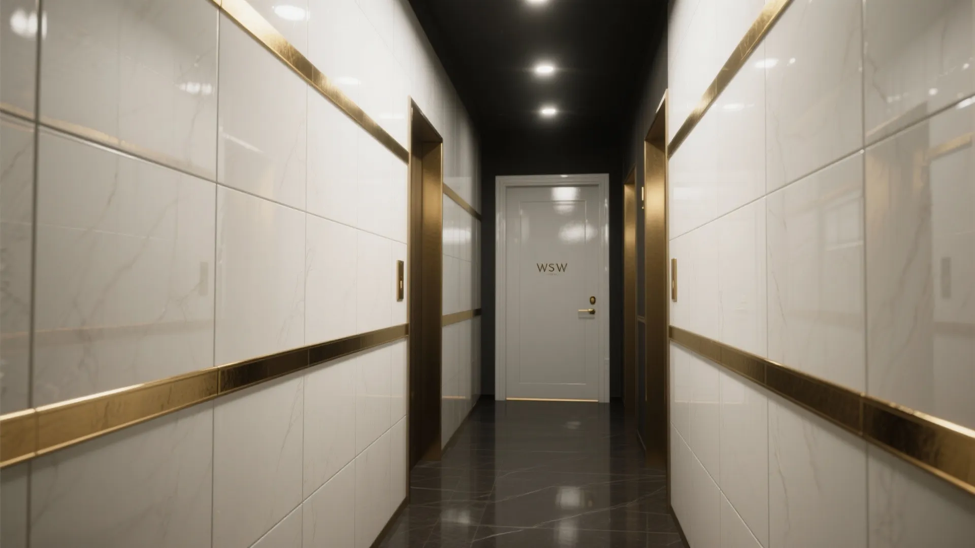 Modern hallway with white marble wall tiles gold metal trim dark floor and ceiling lights