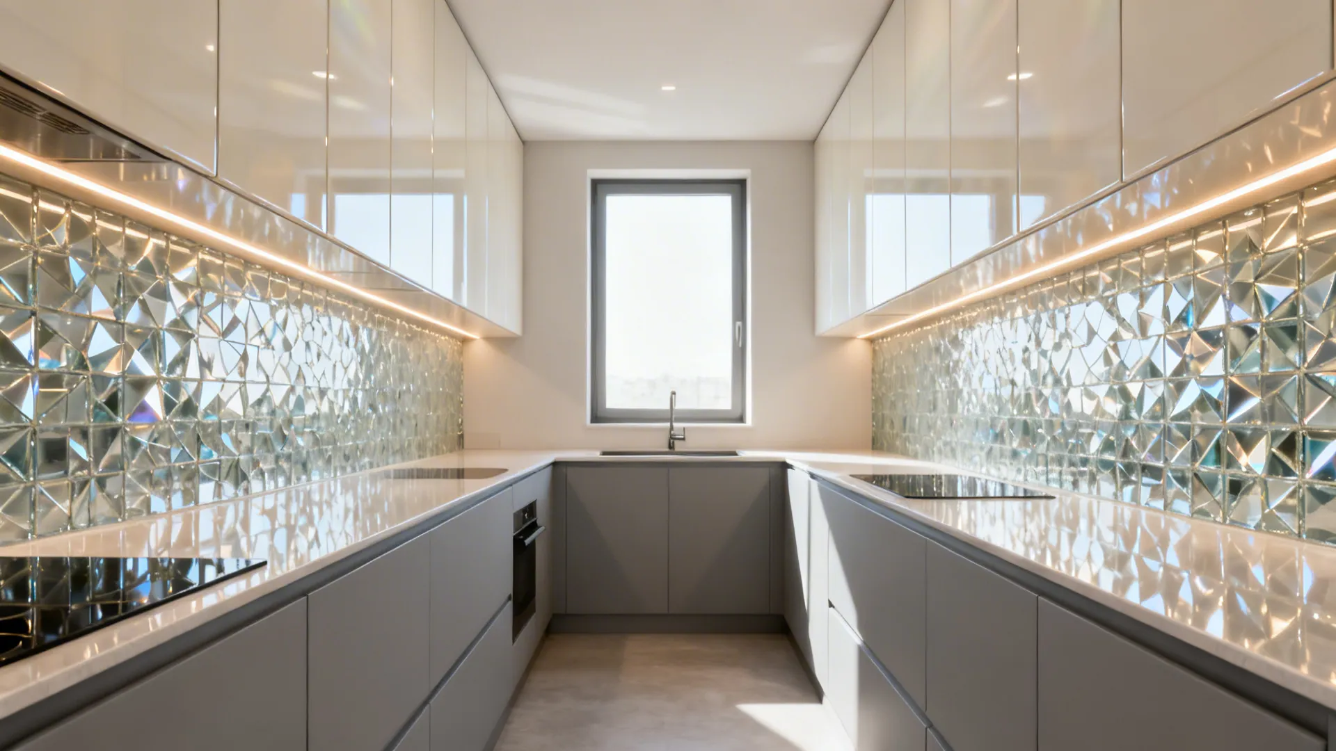Glossy ivory mica uppers in a galley kitchen reflecting daylight for a brighter look.