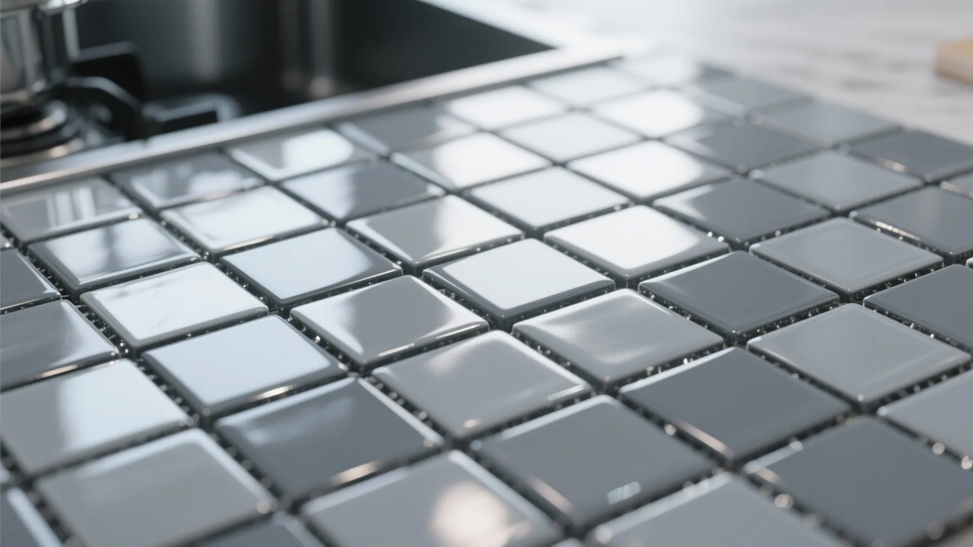 Close up of shiny grey square mosaic tiles used for a kitchen wall or floor