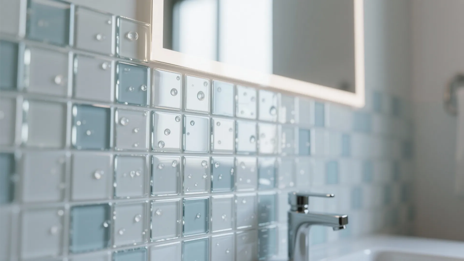 Close up of blue and white glass tiles with water drops near a bathroom faucet