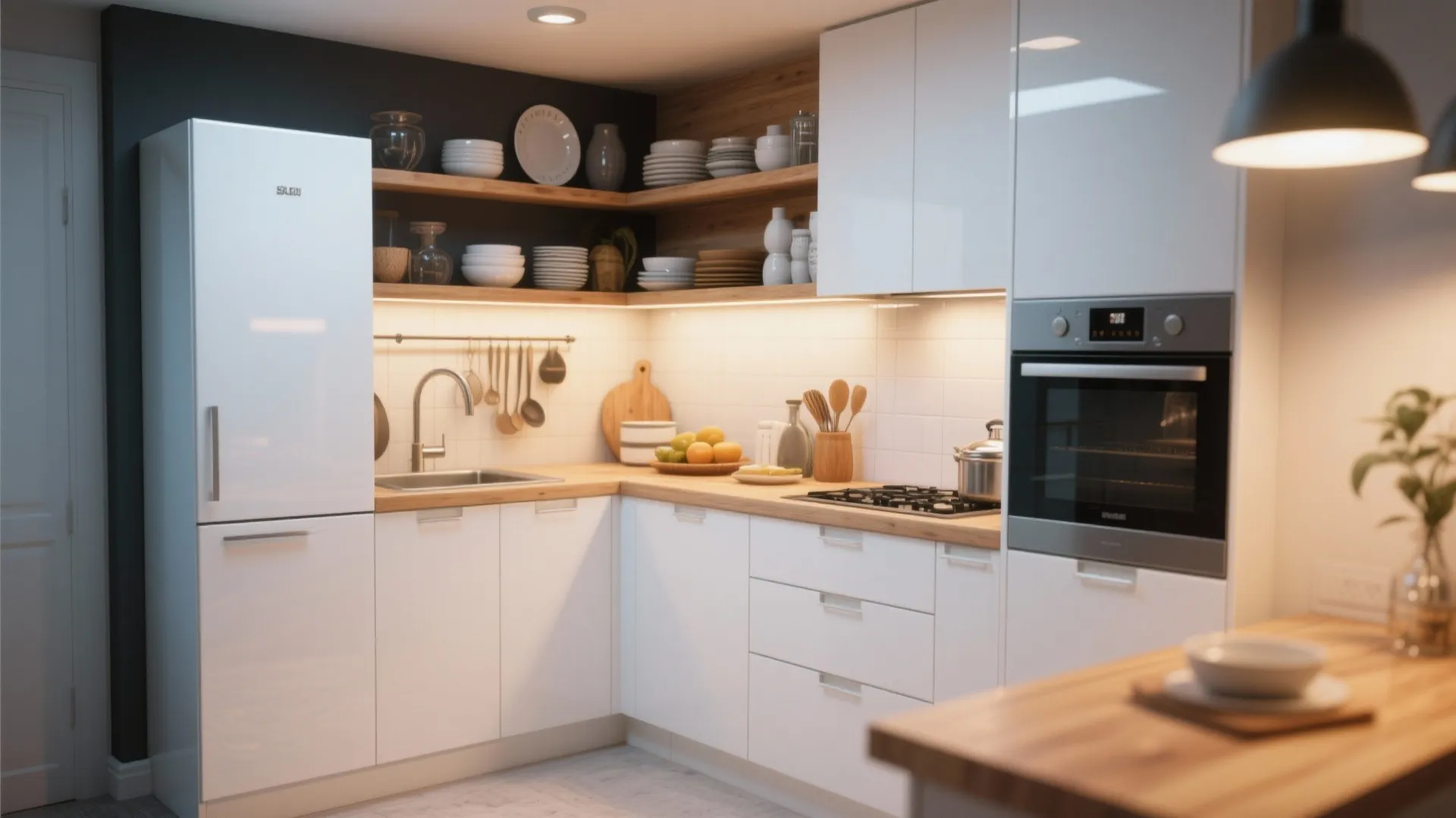 Modern kitchen interior with white cabinets wooden countertops open shelves white fridge and built-in oven