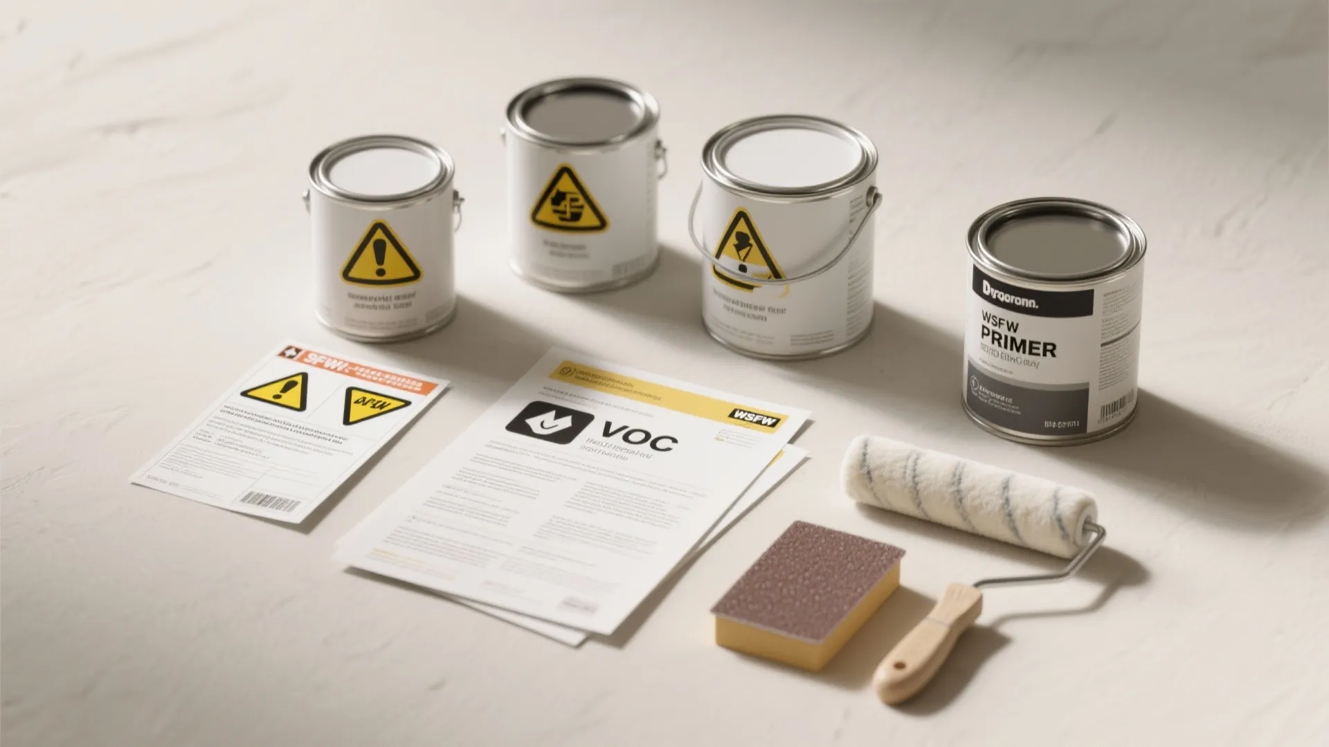 Paint cans with safety labels and documents next to a paint roller and sanding block