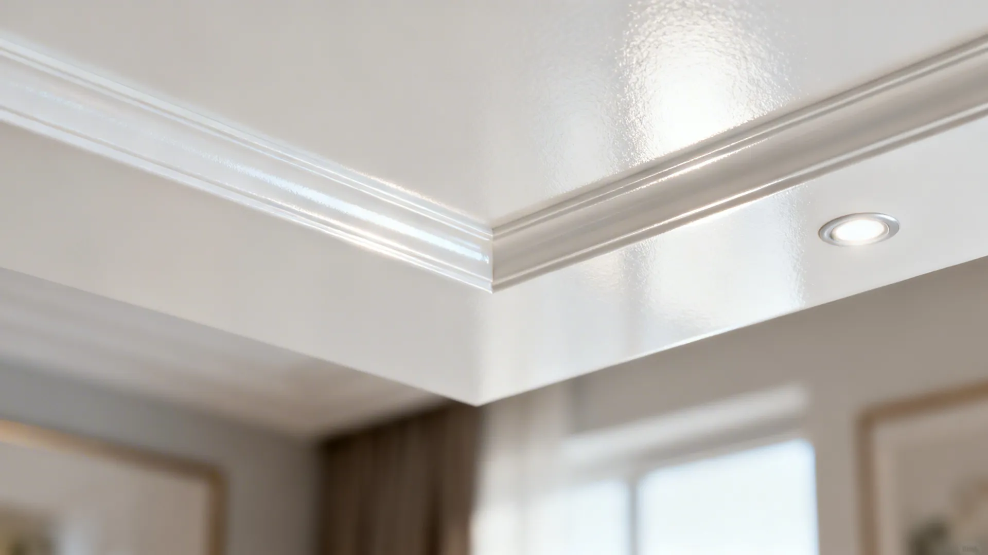Close-up of pearl white gloss PVC ceiling panel with crisp joint and soft reflections.