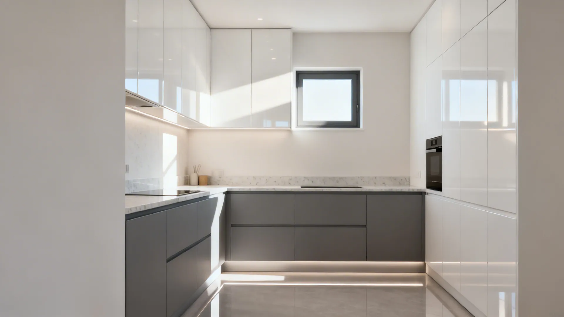 Modern kitchen design with glossy white upper cabinets, grey lower cabinets, marble backsplash, and small window