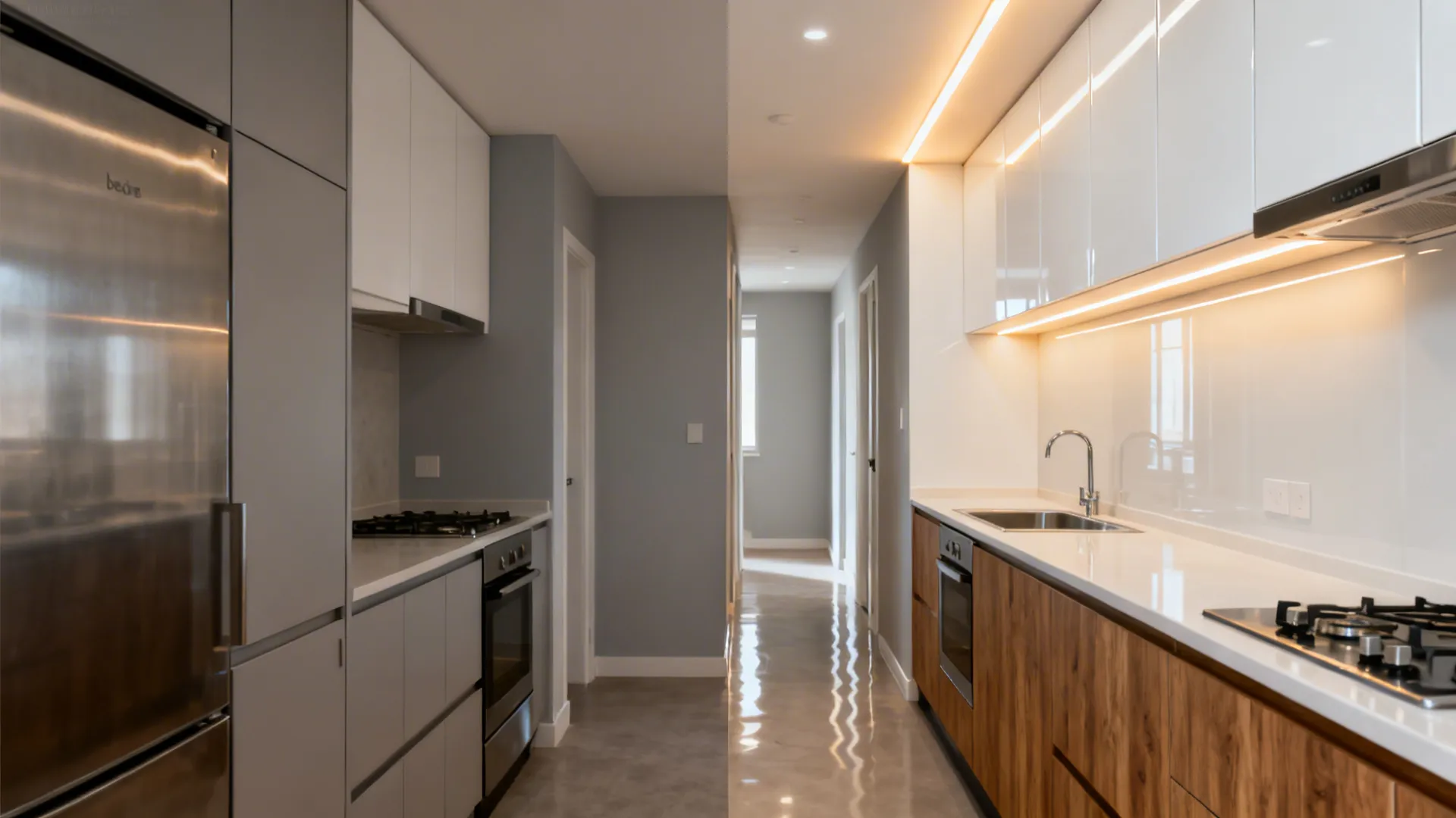 Before-and-after of a small kitchen transformed with high-gloss PVC uppers and warm lighting.