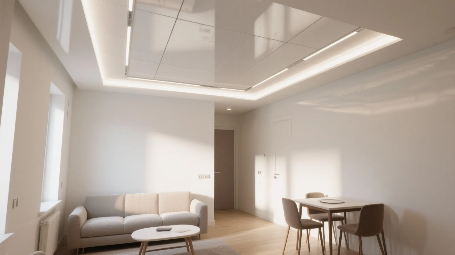 Minimalist living area featuring white sofa coffee table dining set and glossy ceiling with light strips