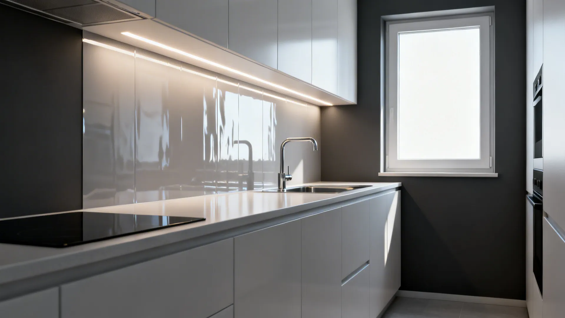 High-gloss PVC backsplash reflecting soft light in a tiny kitchen.