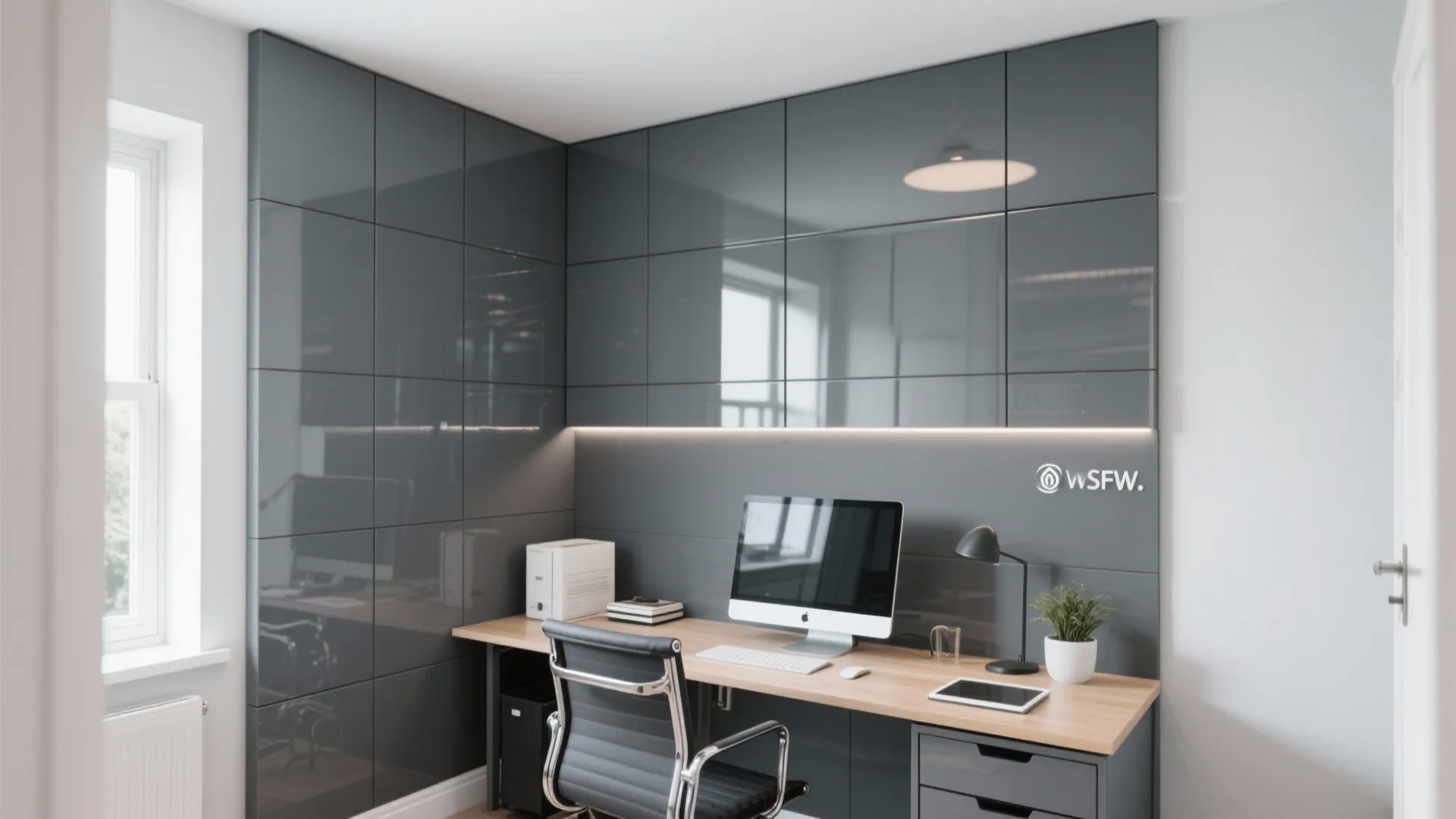 Modern home office with grey glossy wall panel wooden desk black chair and desktop computer