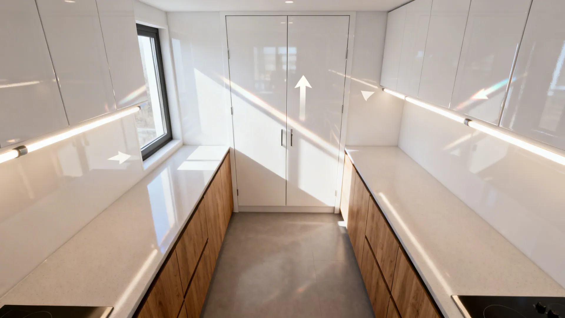 Top-down plan showing light reflection paths on high-gloss PVC uppers in a galley kitchen.