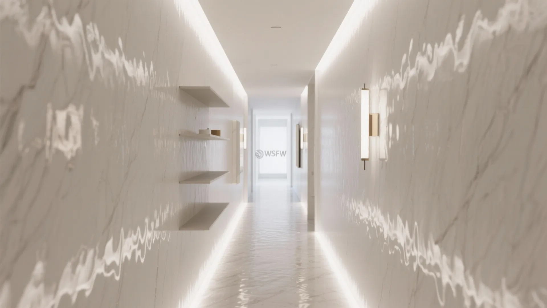 Modern long marble hallway featuring glowing light strips along the floor and white wall lights