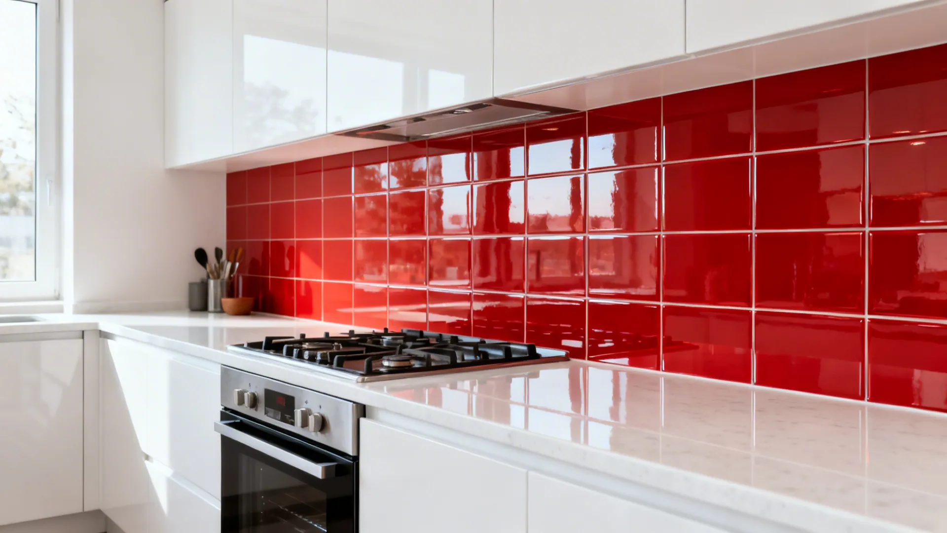 Small kitchen with glossy red backsplash and seamless white quartz countertops.
