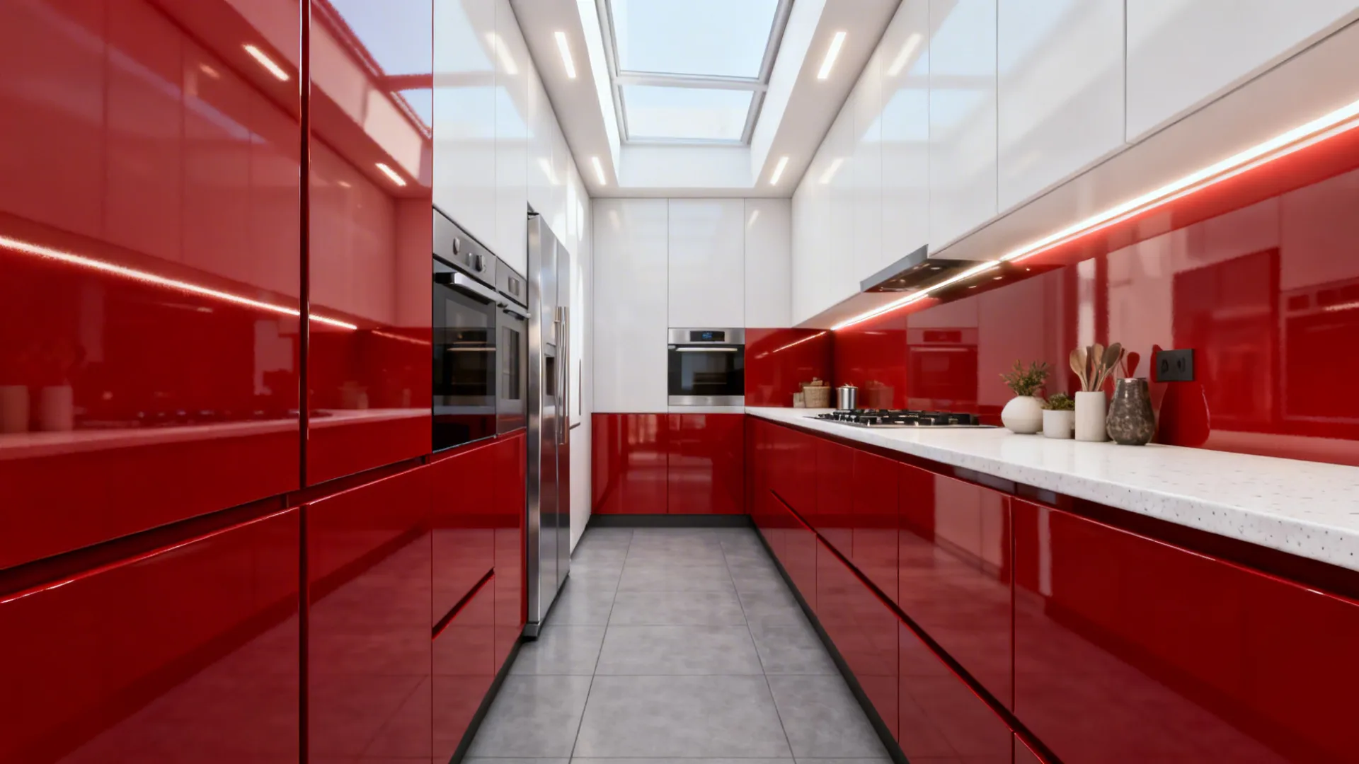 Galley kitchen with glossy red base cabinets and satin white uppers under LED lighting.