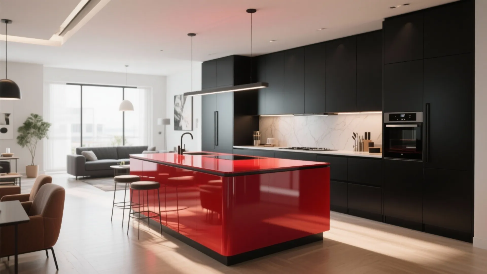 4. High-Gloss Red Island with Matte Black Perimeter