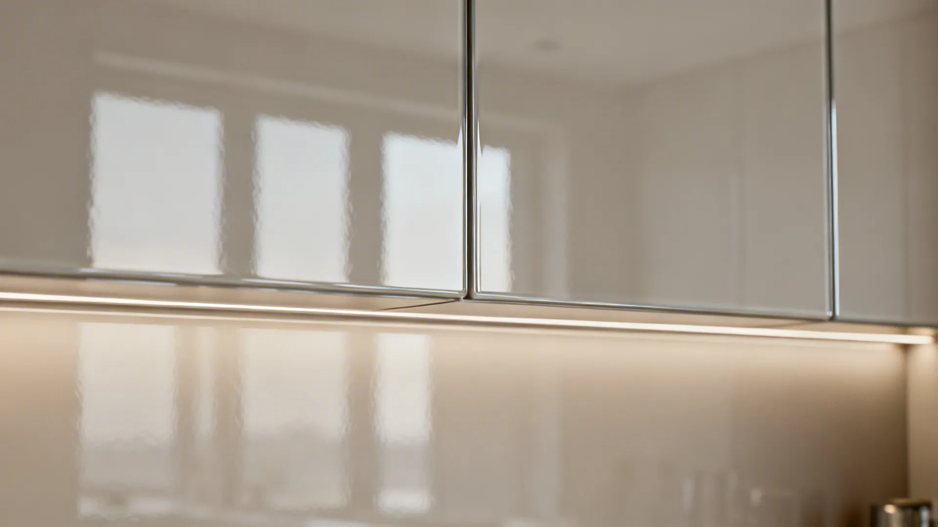Macro of glass-look 3D wallpaper with smooth reflections under diffused light.