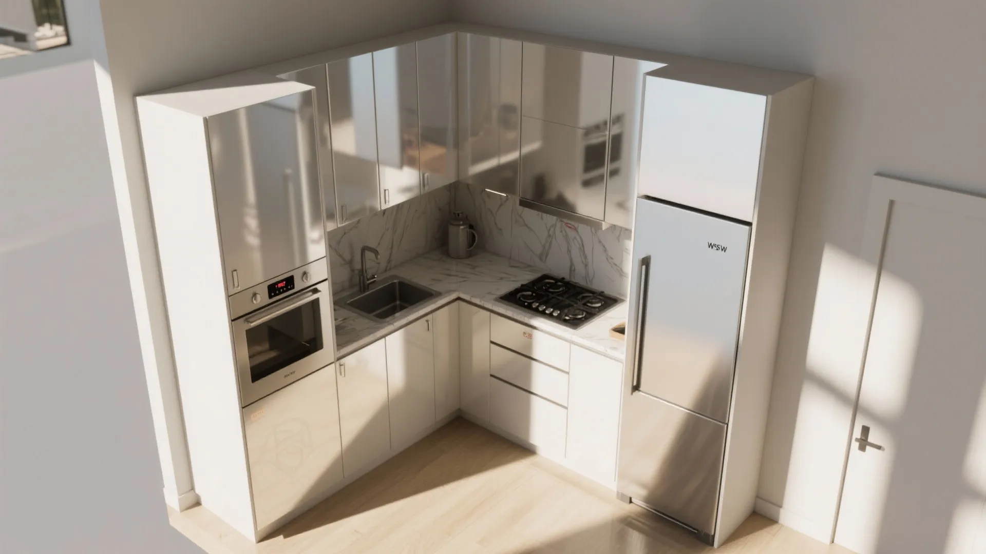 Top-down planner mockup showing reflection angles on high-gloss kitchen cabinet doors