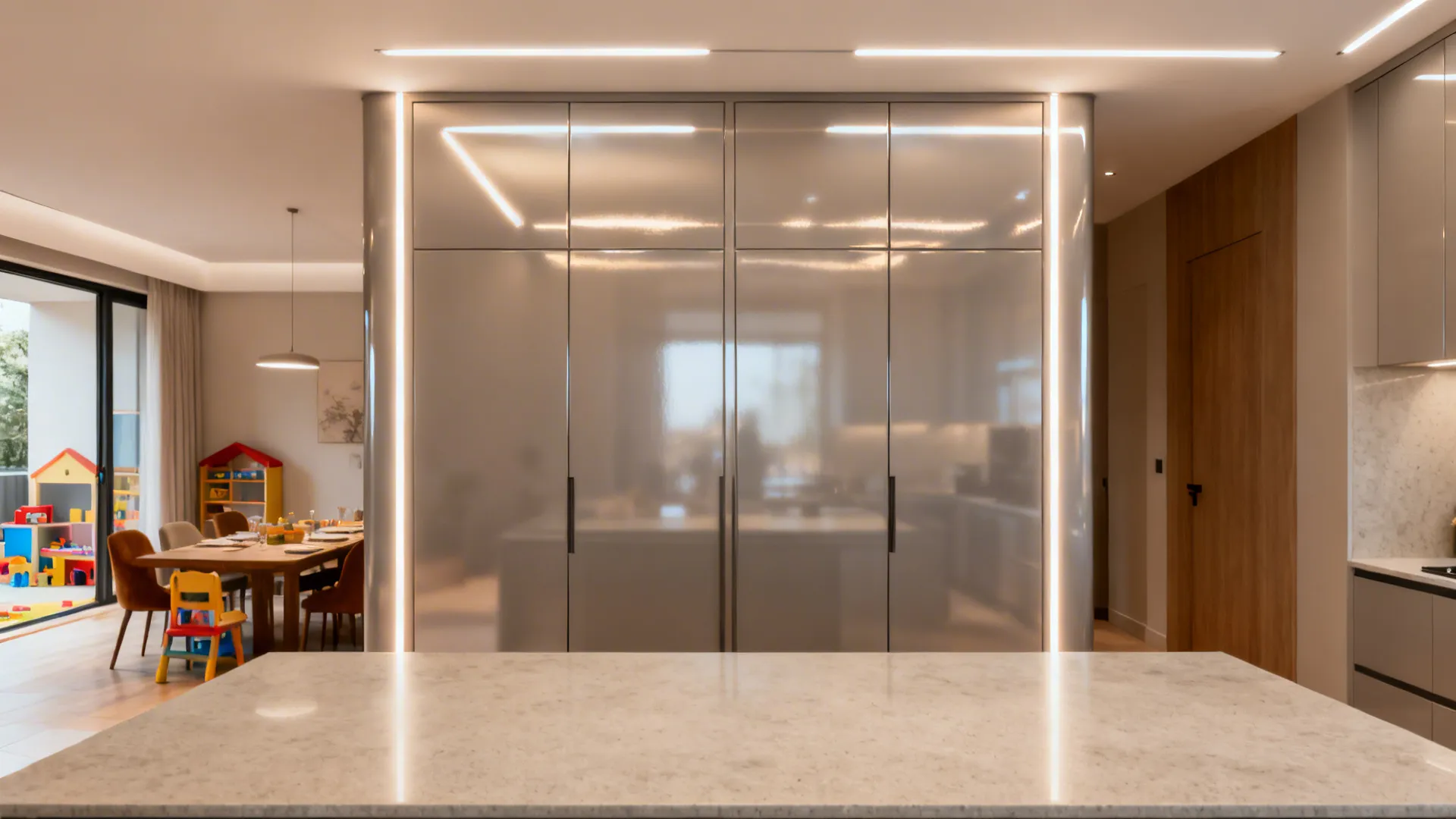 Kitchen with glossy uppers reflecting light and satin-finish tall pantry units lit by vertical accents.