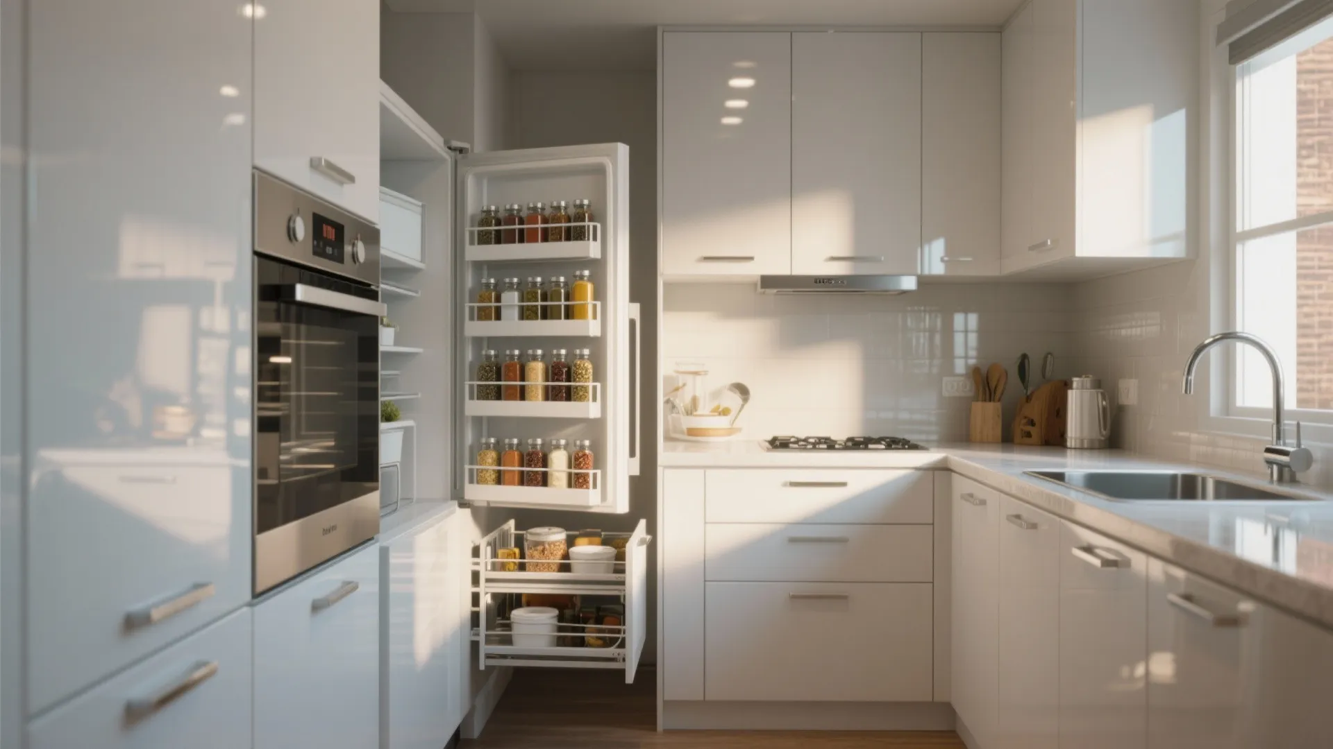 Compact kitchen with white gloss cabinets and integrated pull-out spice rack keeping counters clear