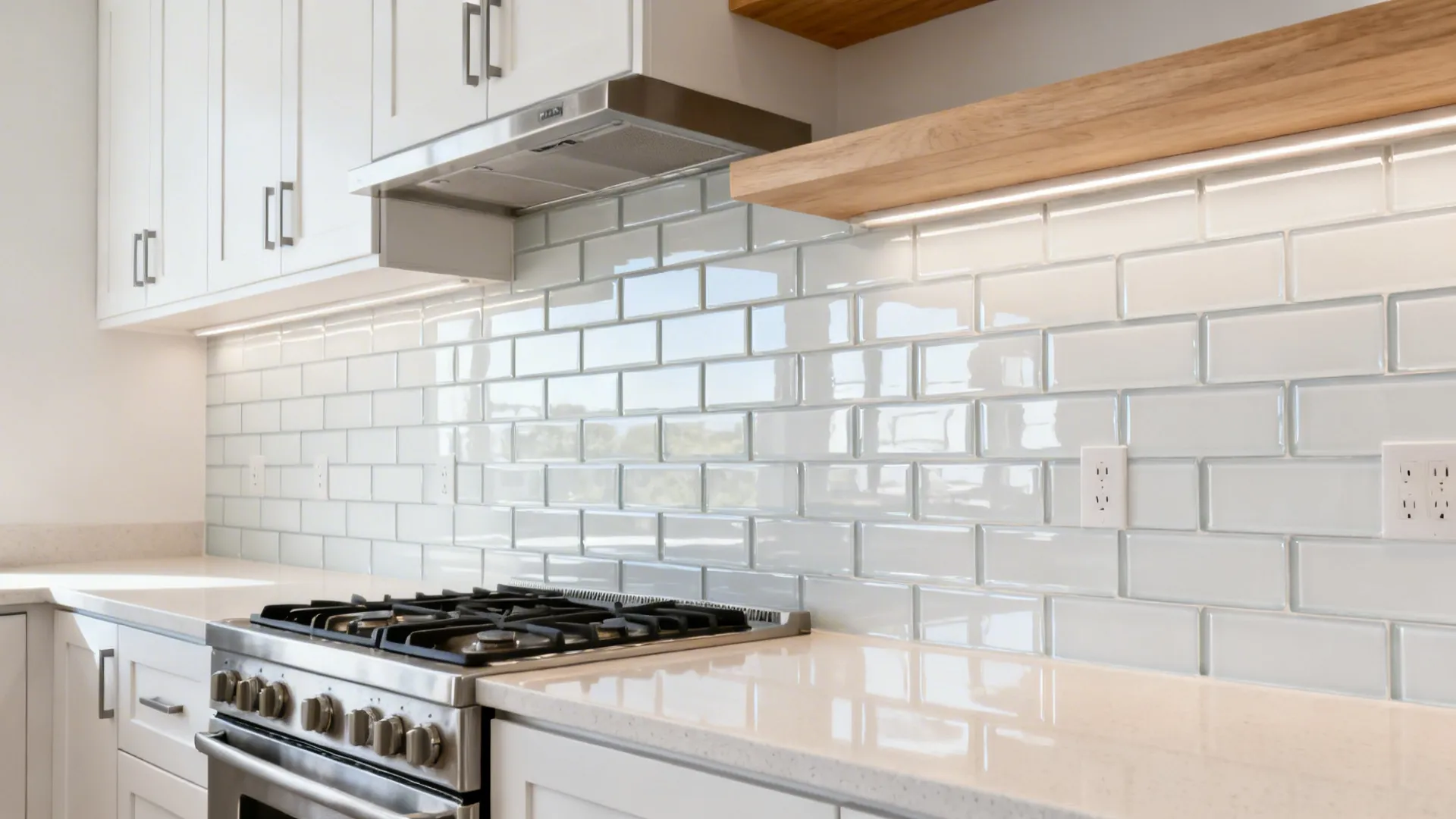 Glossy white stacked glass subway tile backsplash in a clean galley kitchen.