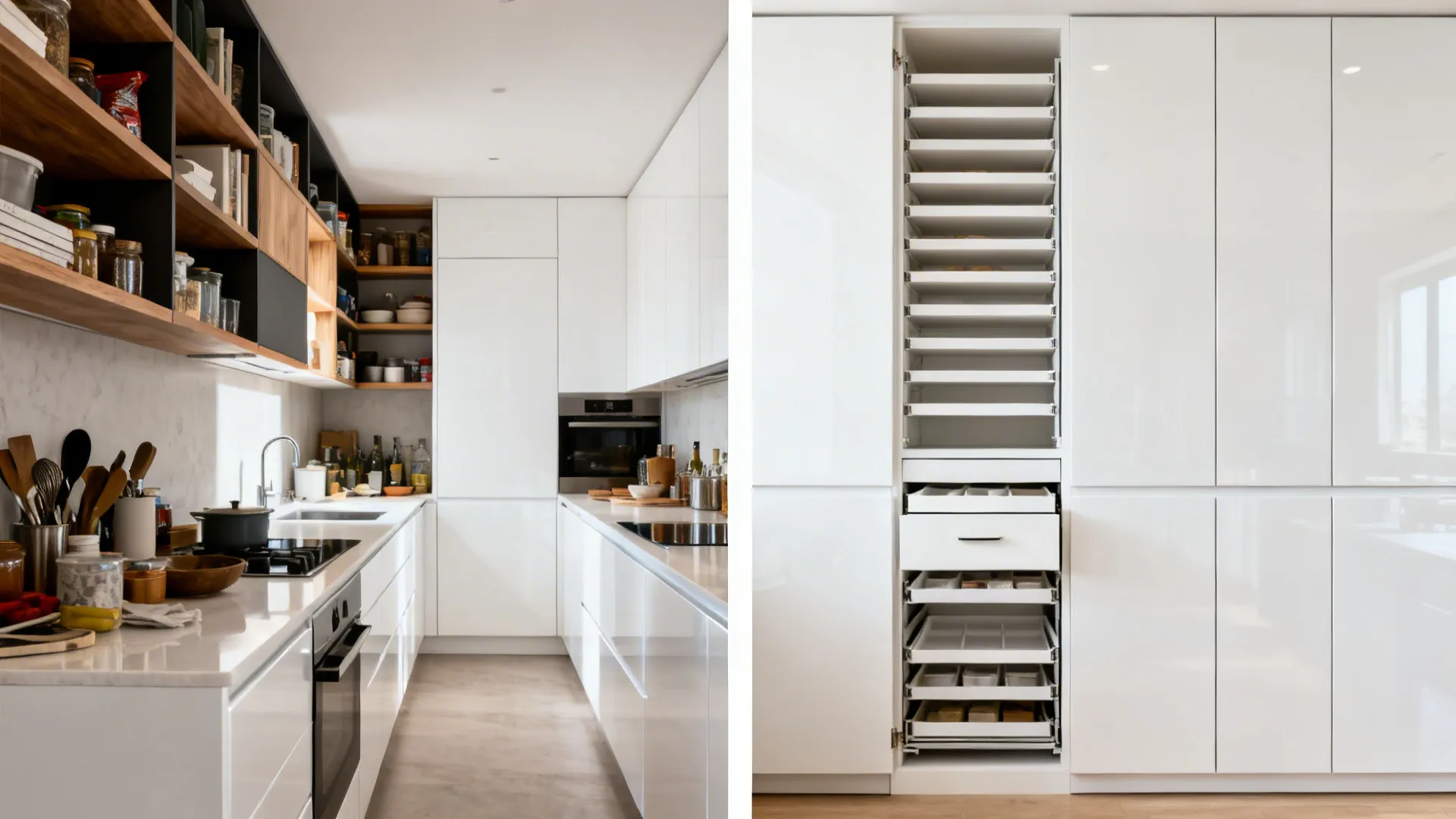 Before-and-after of a small kitchen transformed with white gloss fronts and hidden storage.
