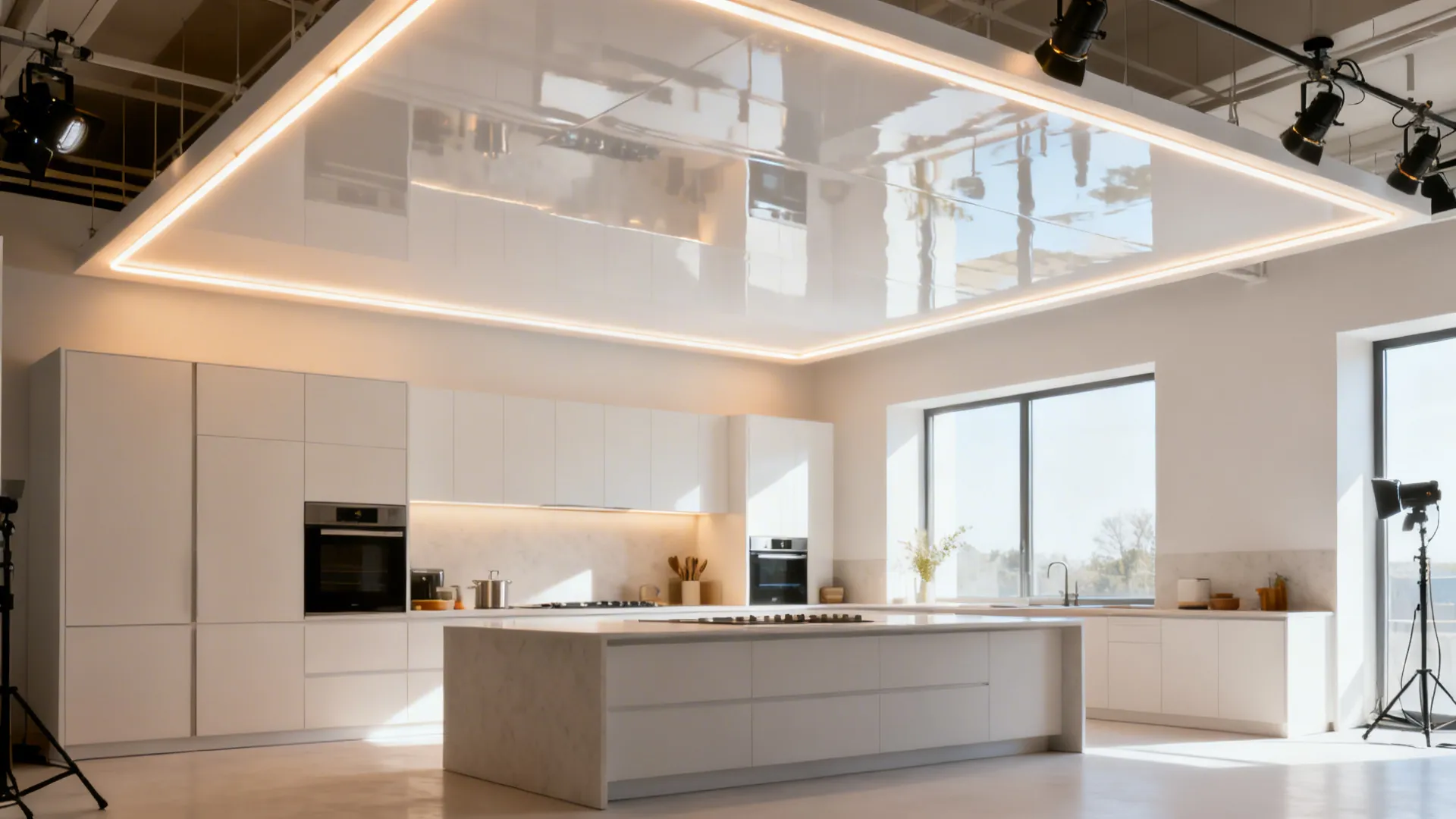 Window-poor studio kitchen with a glossy white stretch ceiling reflecting warm perimeter LEDs for even brightness.