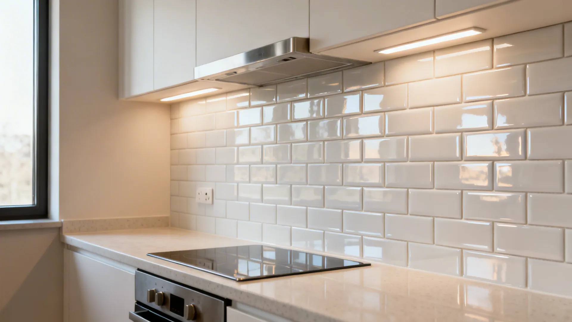High-gloss stacked white subway tile backsplash reflecting soft light.