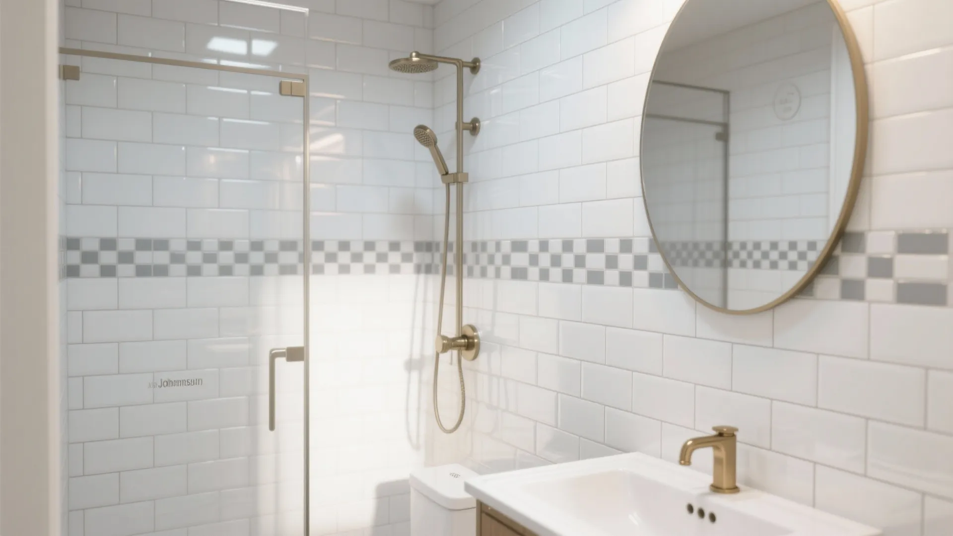 Bright bathroom with white wall tiles gold shower head round mirror sink and glass shower door