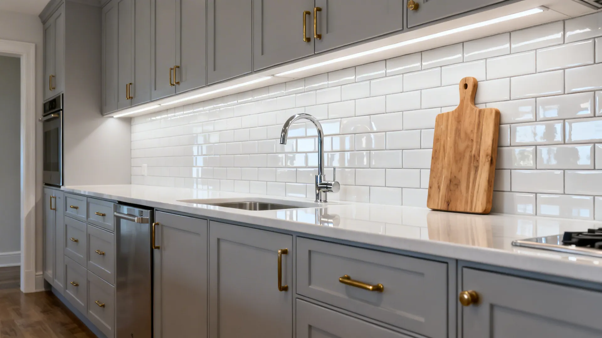 Glossy white 3x12 subway tile backsplash with tight grout lines brightening a small galley.
