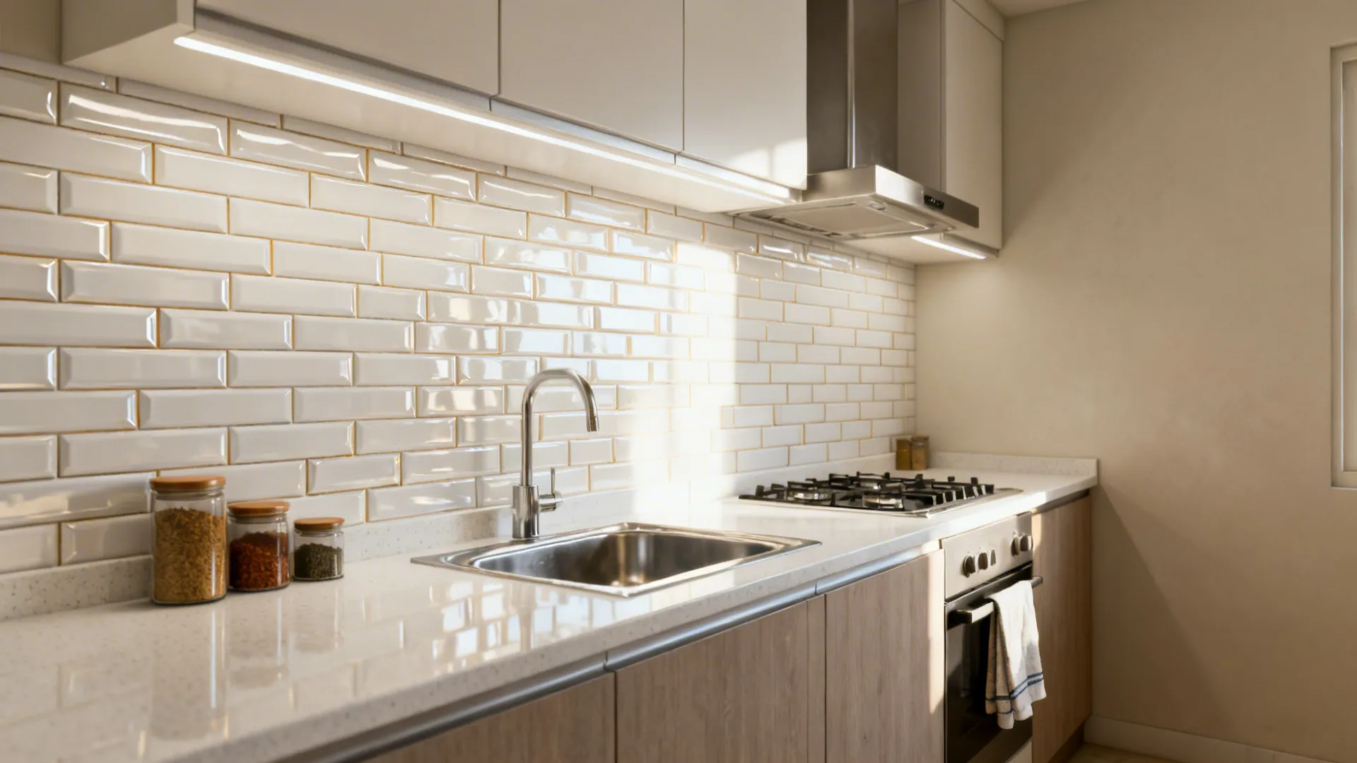 High-gloss white subway tile backsplash with warm grout in a compact Mumbai galley kitchen