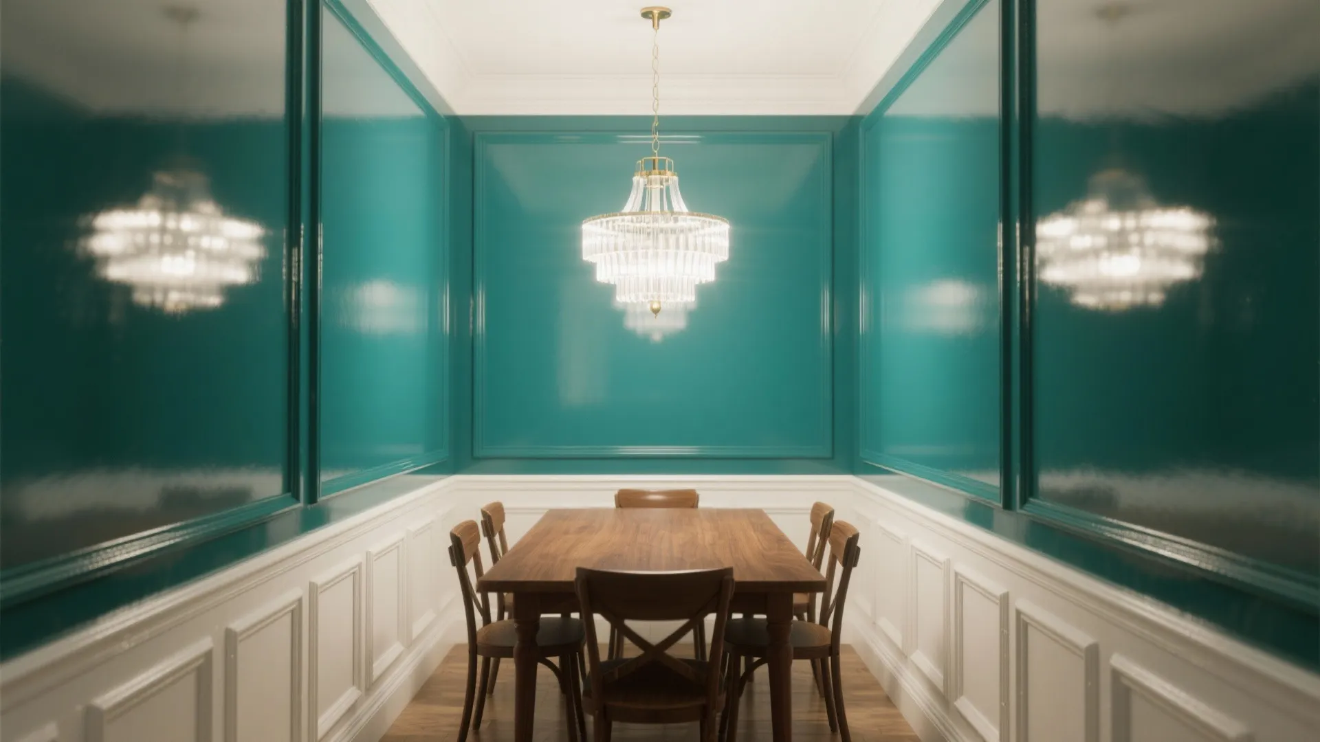 Modern dining area with glossy teal walls white wall panels wooden table and ceiling light
