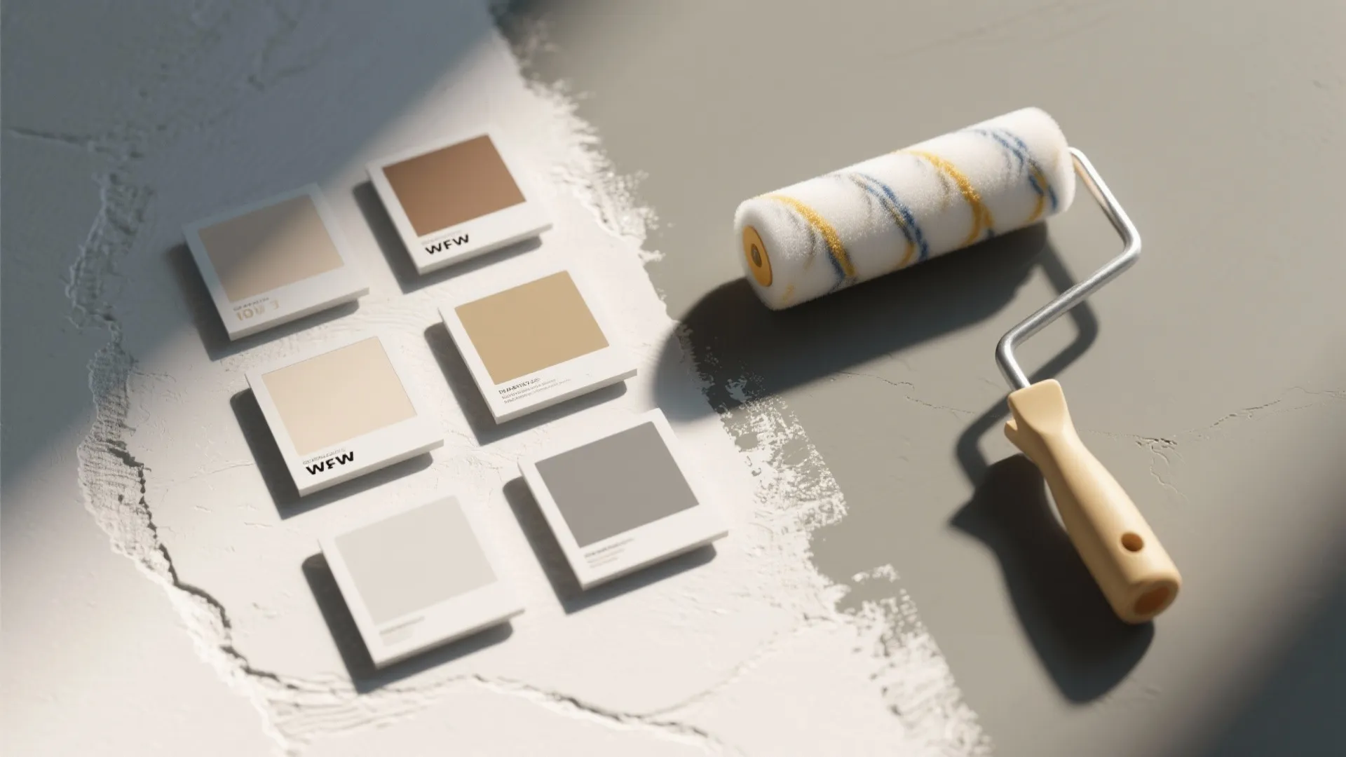 Paint roller next to several square color samples in neutral tones on a grey textured wall