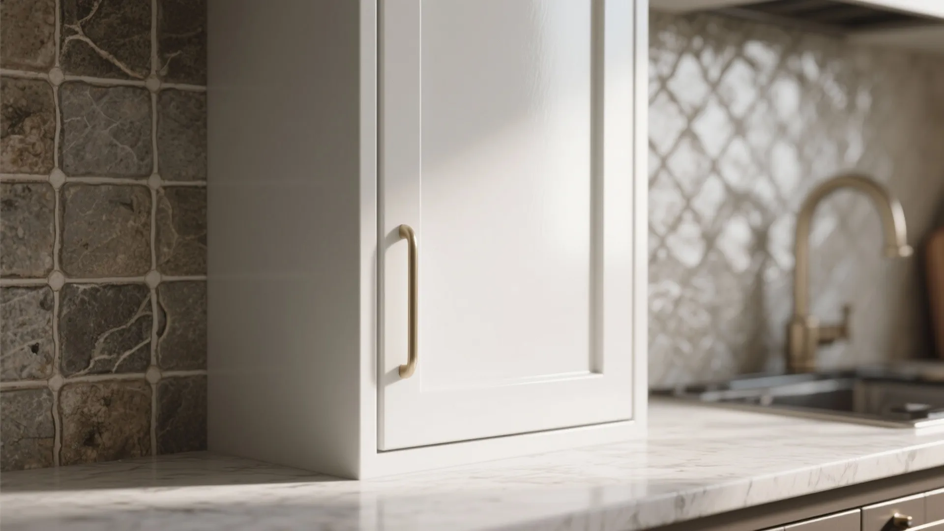 Macro view of glossy white cabinet next to textured handmade tile backsplash and honed stone counter