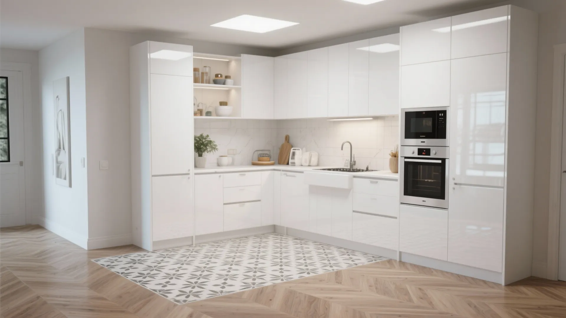 White gloss L-shaped kitchen with patterned floor tiles wooden flooring white cabinets and modern appliances