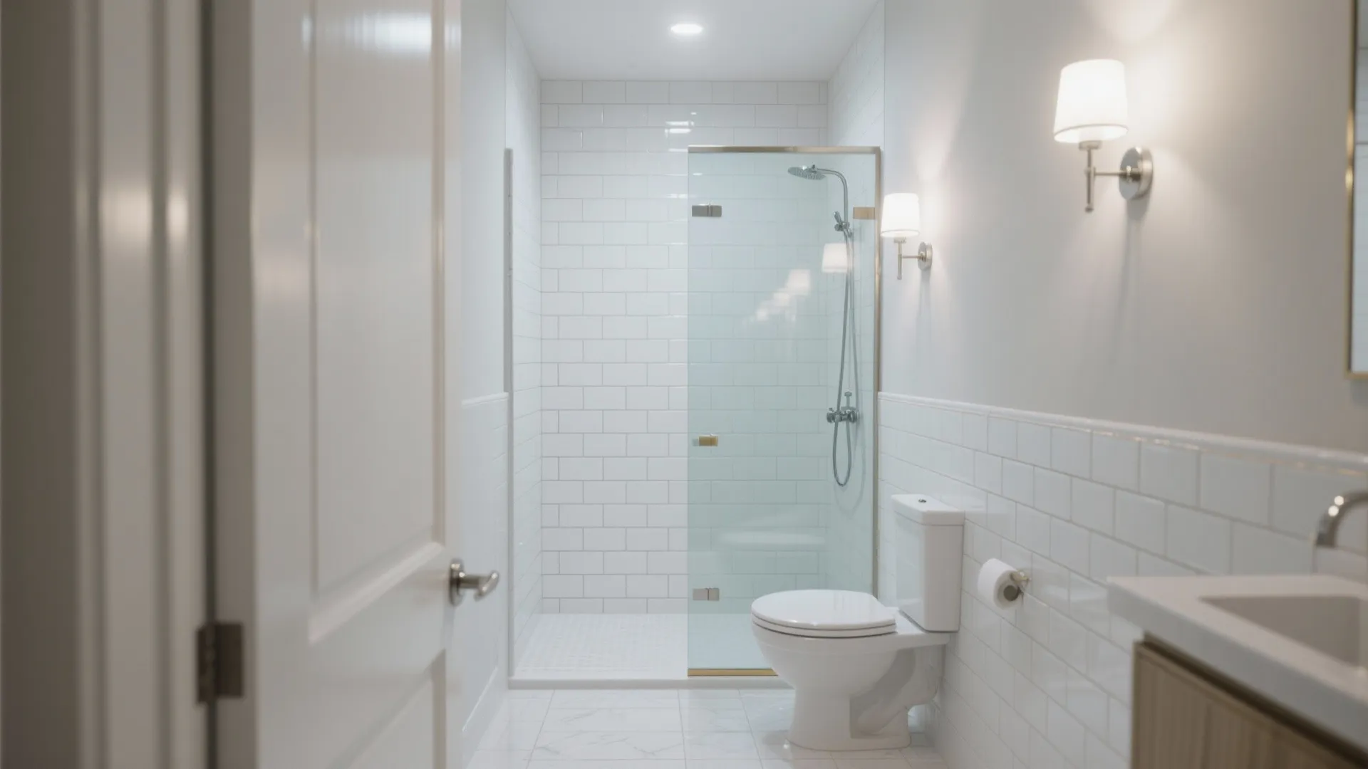 Glossy white tiles and a clear glass shower to brighten the room