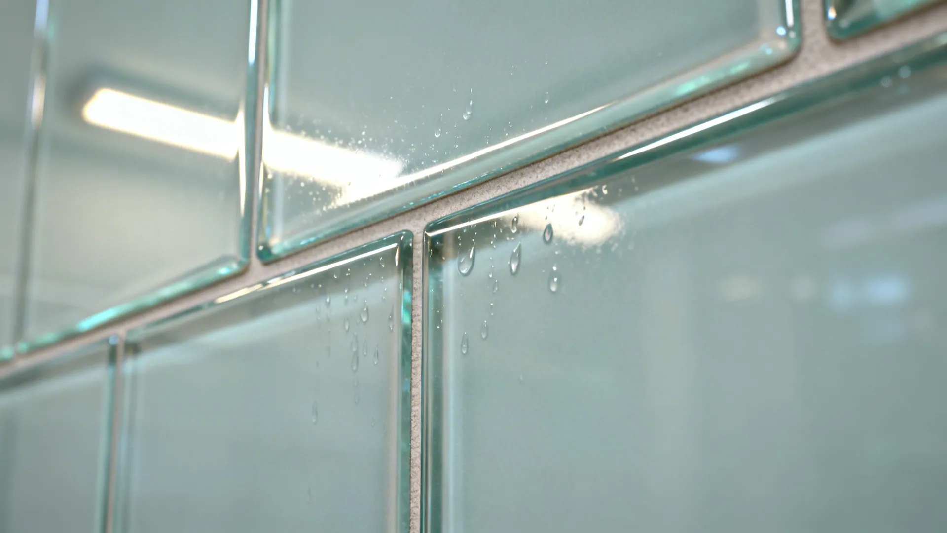 Macro of glossy glass-look tiles with color-matched grout and clean reflections.